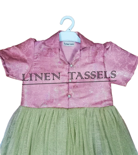 Girls' Pink and gold net party wear frock (Code:KP00168) Size available :6-7 years