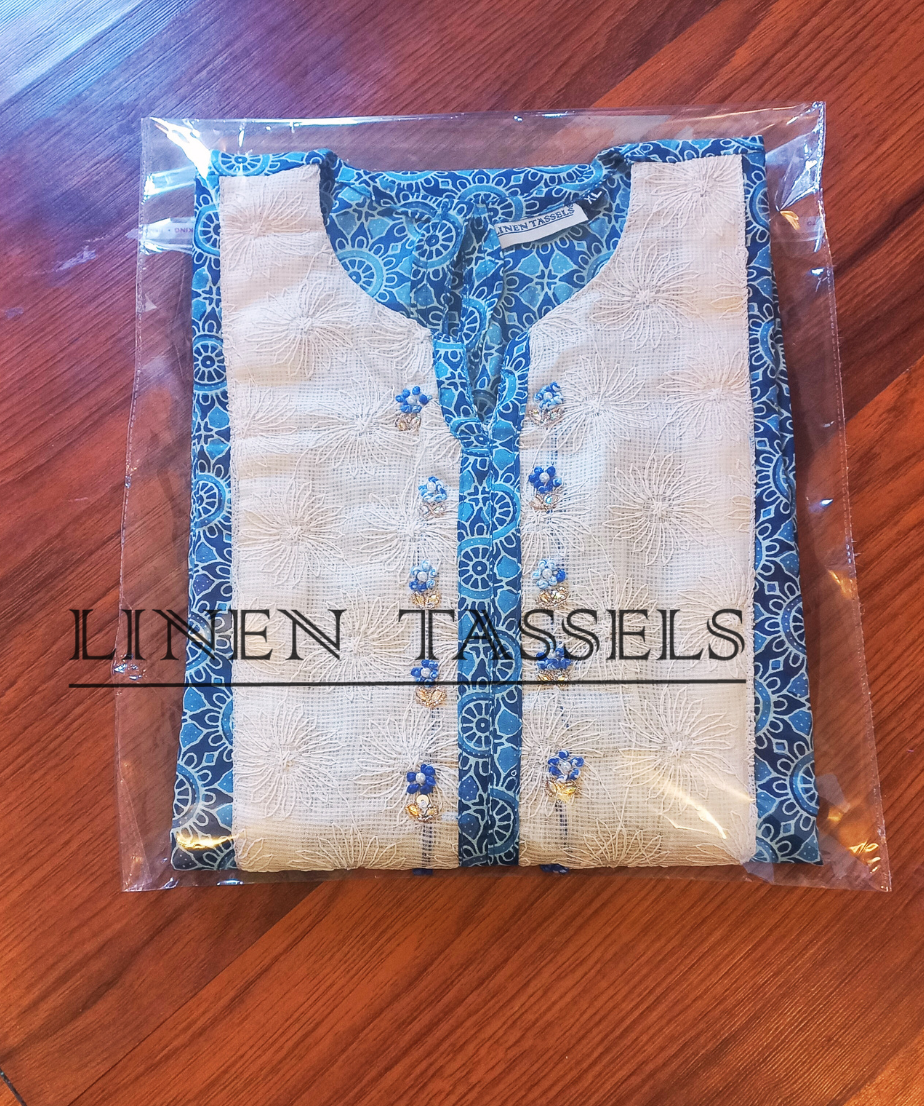 Ajrakh Printed kurti with bucket yoke highlighted with exquisite hand embroidery (Code:KW00163) Size: XL