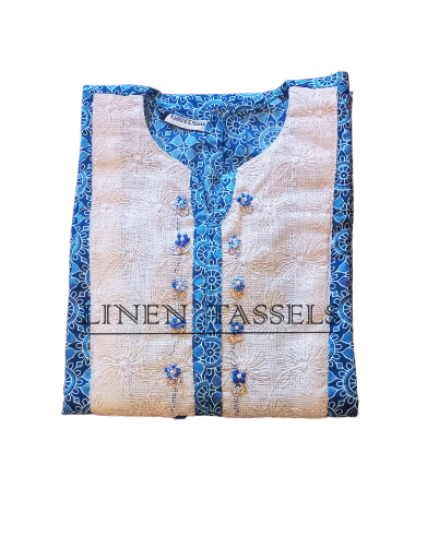 Ajrakh Printed kurti with bucket yoke highlighted with exquisite hand embroidery (Code:KW00163) Size: XL