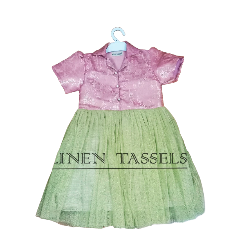 Girls' Pink and gold net party wear frock (Code:KP00168) Size available :6-7 years