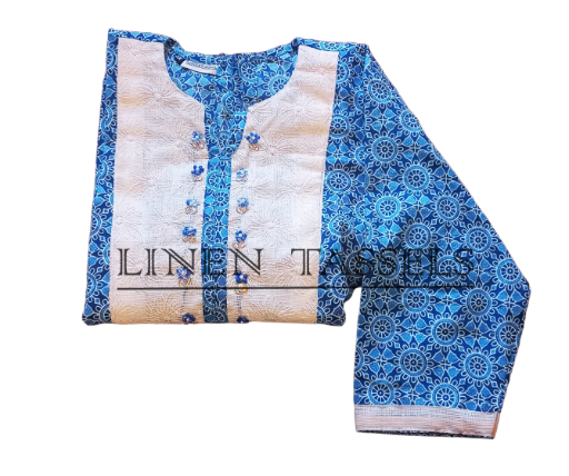 Ajrakh Printed kurti with bucket yoke highlighted with exquisite hand embroidery (Code:KW00163) Size: XL