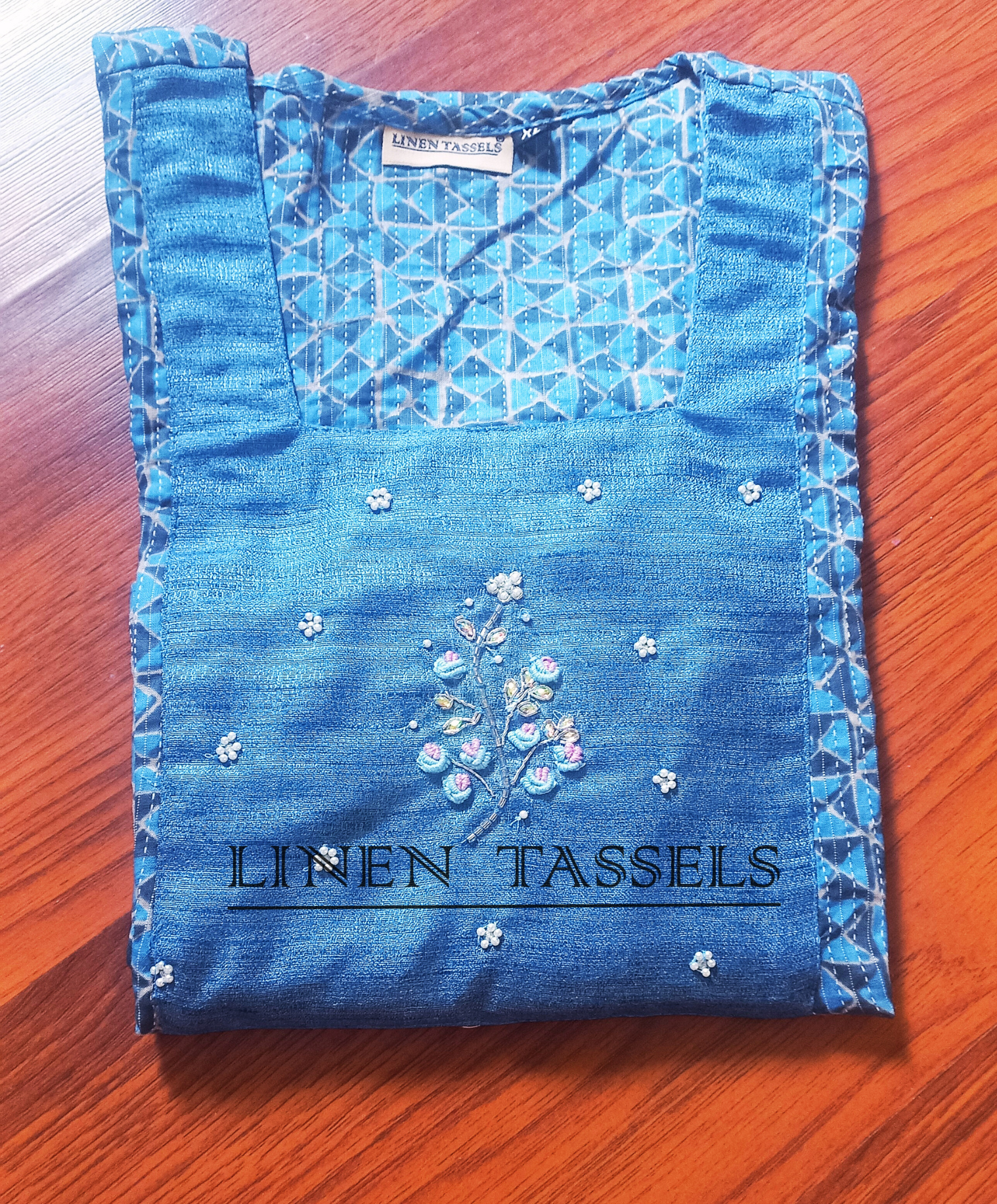 Embroidered Blue Cotton Kurti (Code: KW00165) Size: L