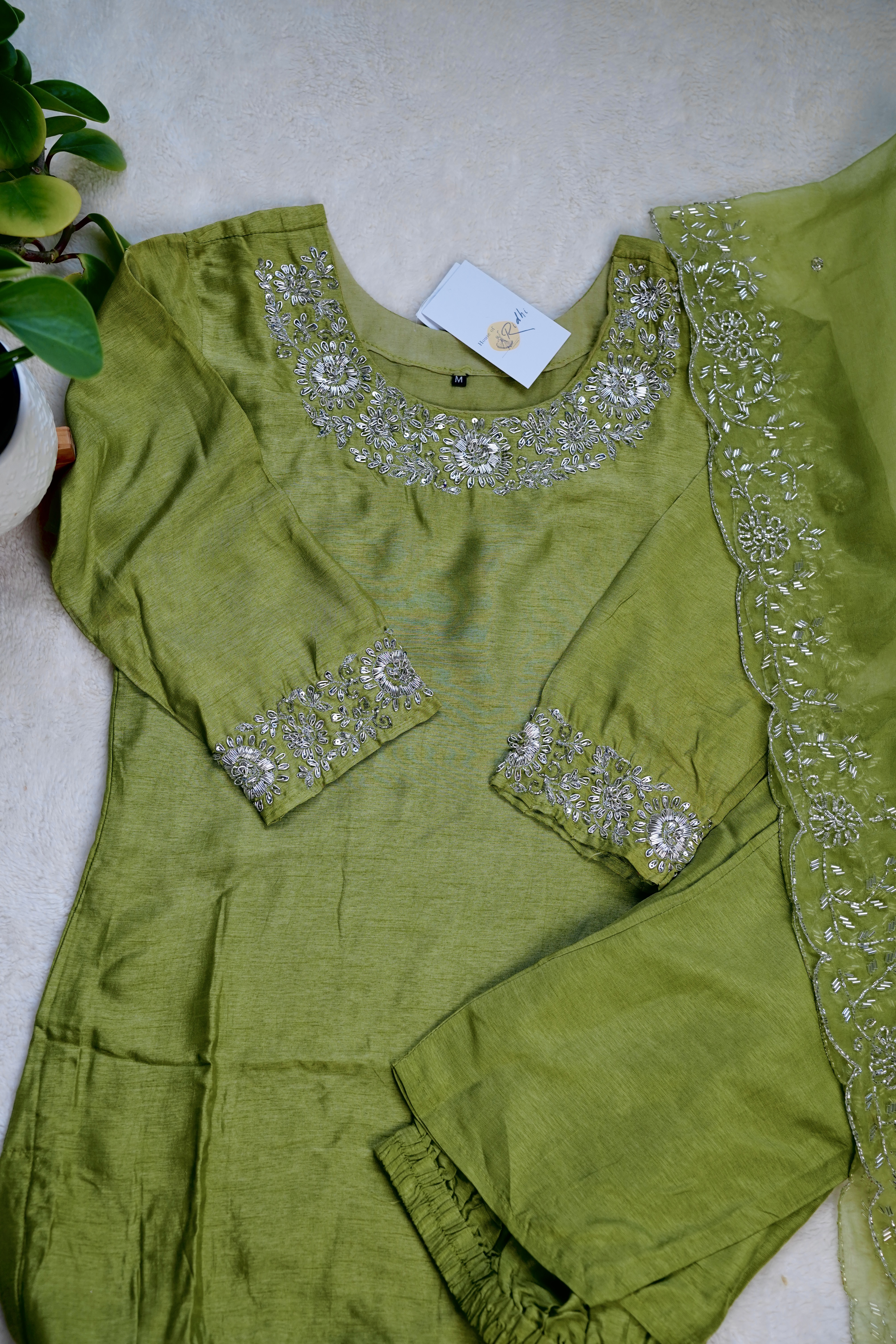 Olive Green Hand Work 3PC Suit Set