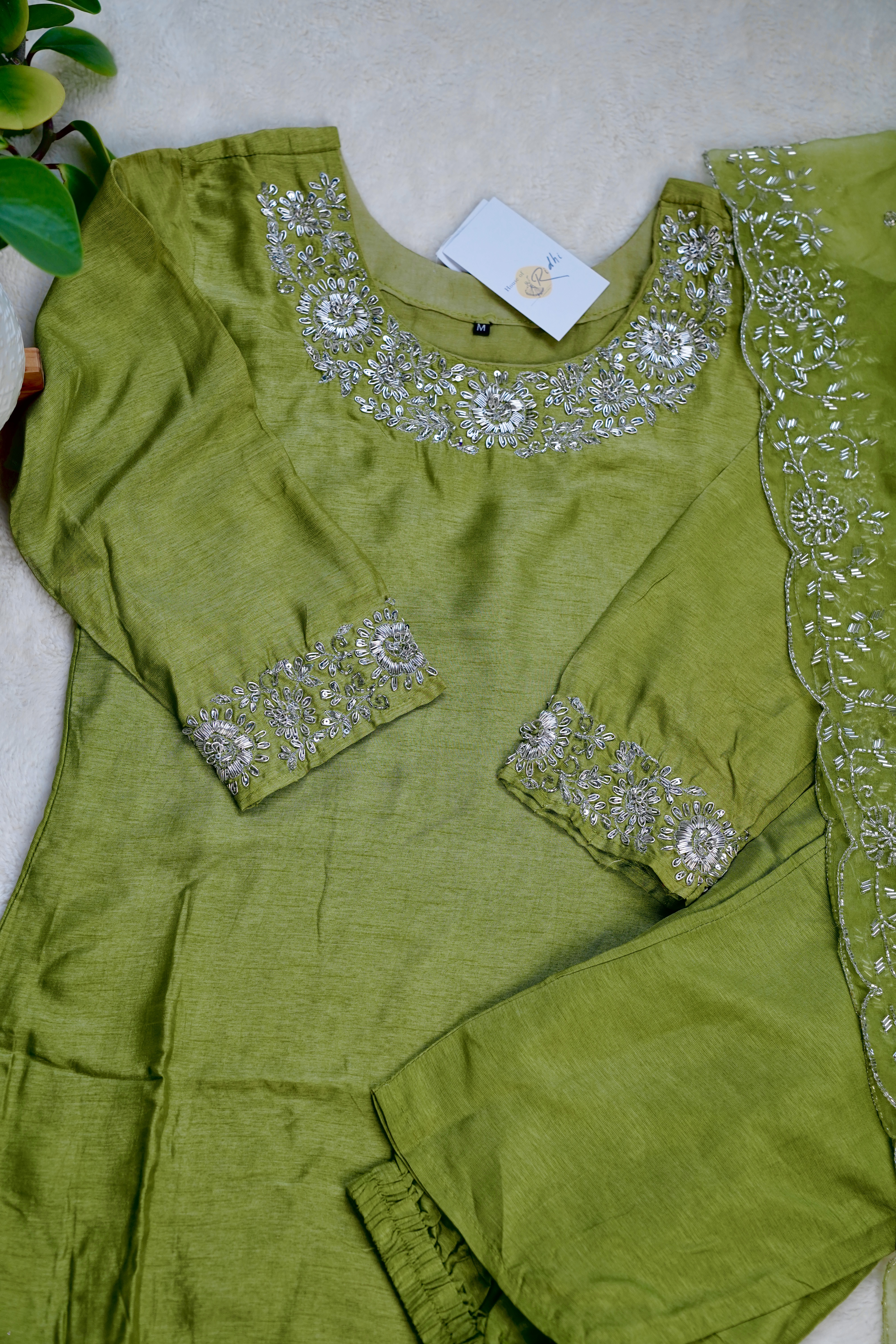 Olive Green Hand Work 3PC Suit Set