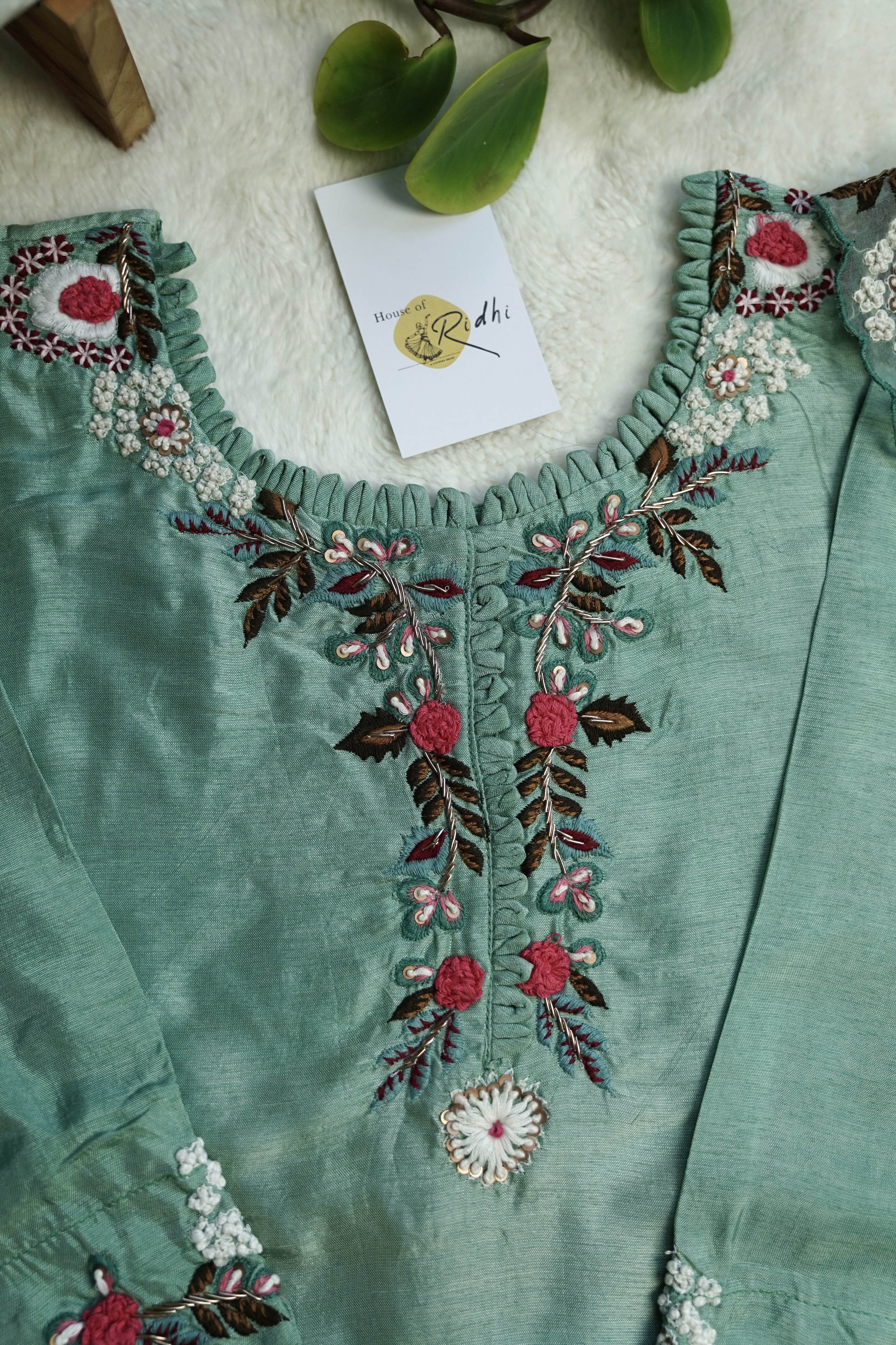 Sea Green Bullion Knot Handwork Suit Set