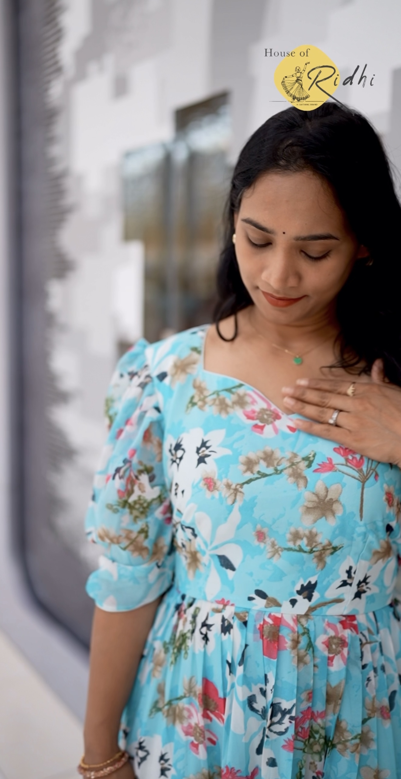 Aqua Blue Floral Midi Dress – Layered Frills & Puff Sleeves  🌊 