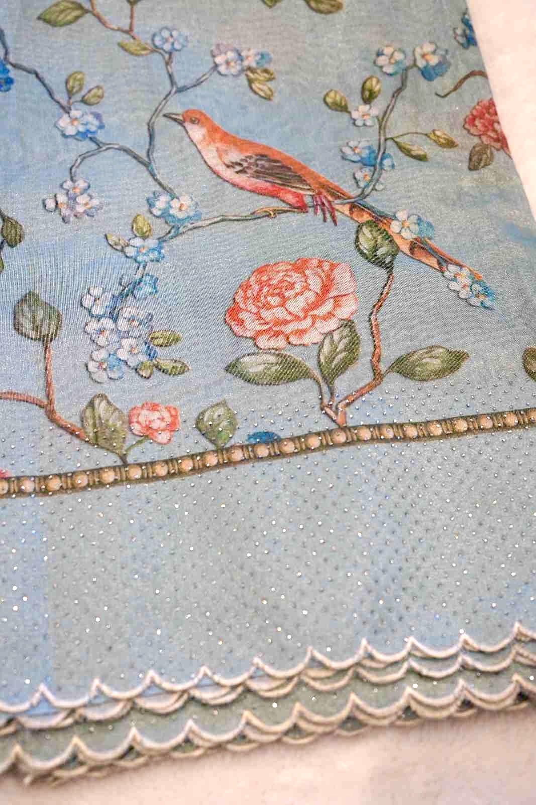 Floral & Bird Themed Tissue Saree with Swarovski Border and Scalloped Edges