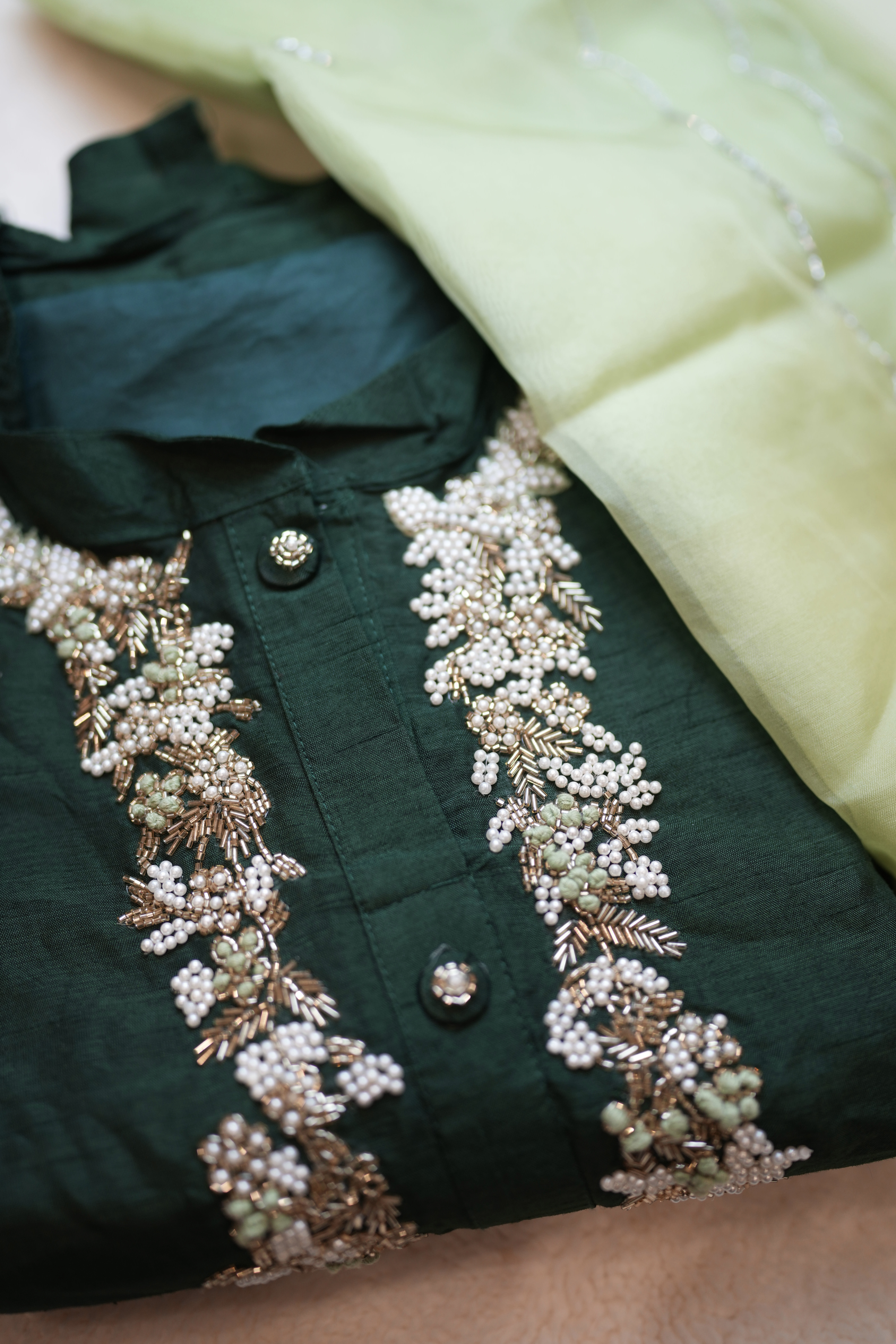 High collared Green Kurta set 
