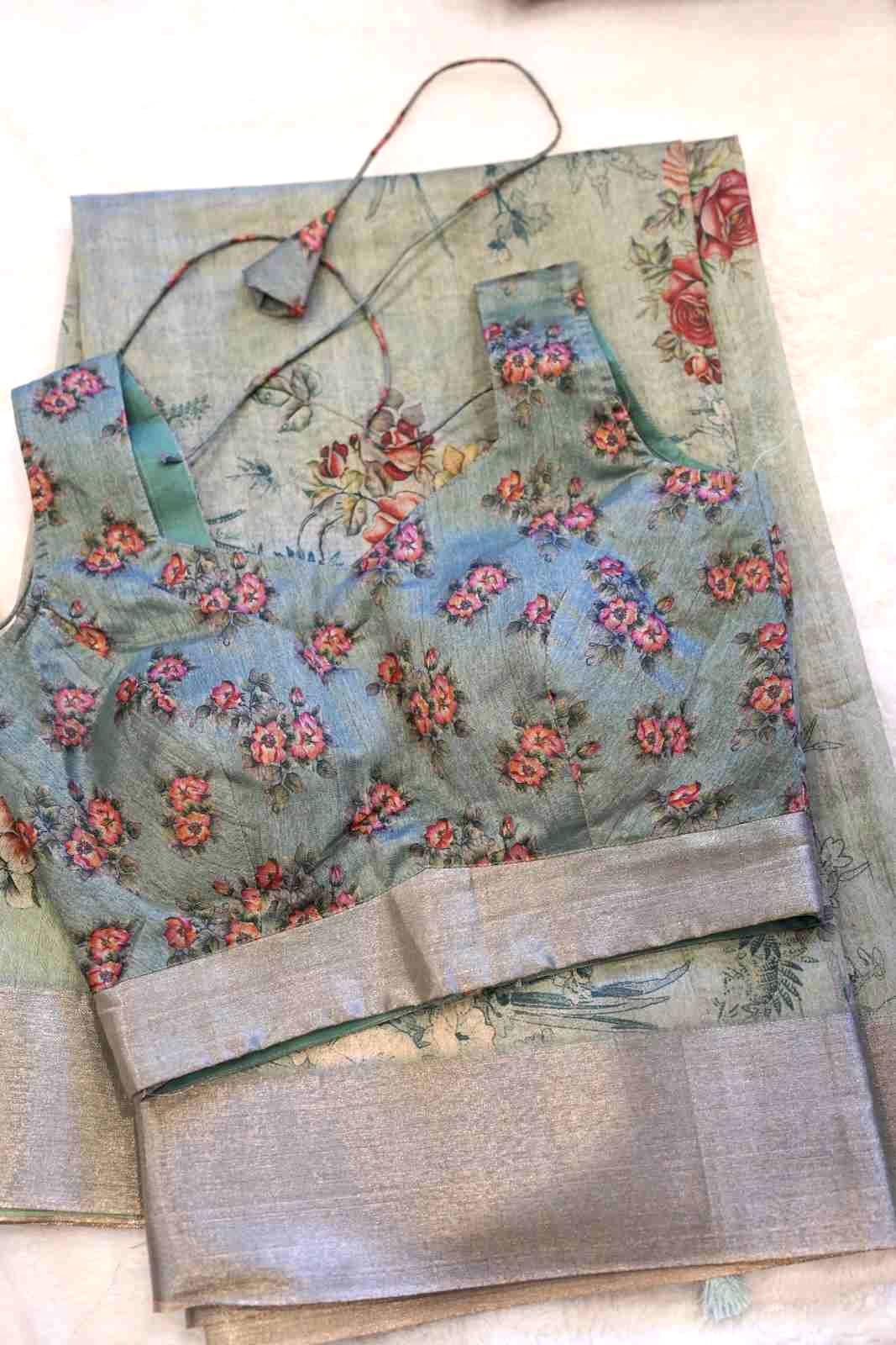 Mint Green Floral Saree with Silver Border & Matching Stitched Blouse