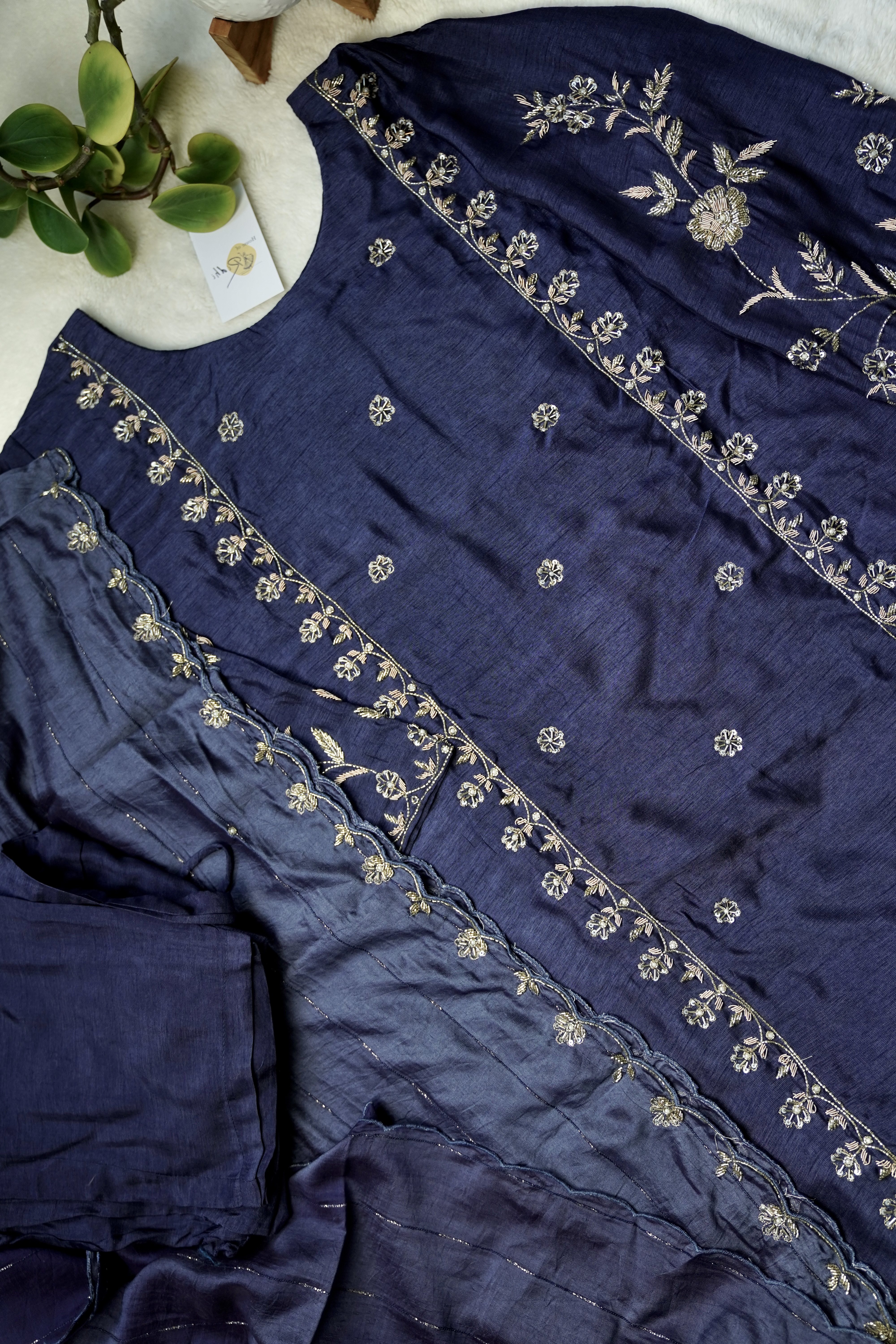 Midnight Blue Dola Silk Handwork Suit Set