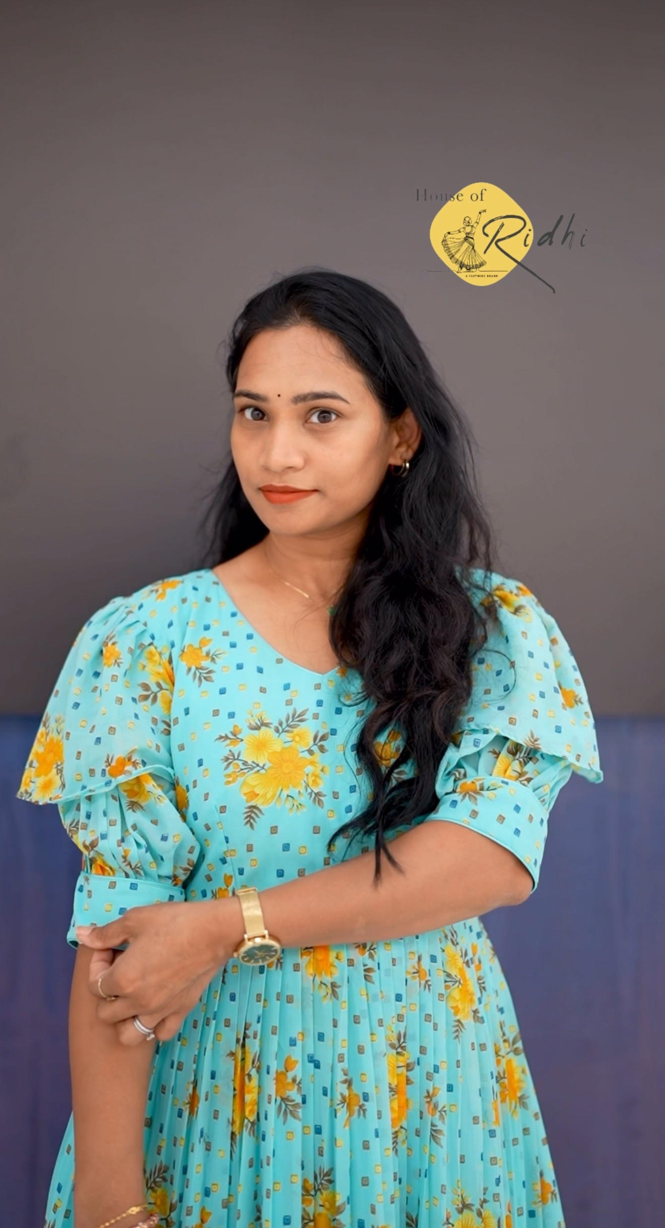 Turquoise Blue Floral Frock with Puff Sleeves