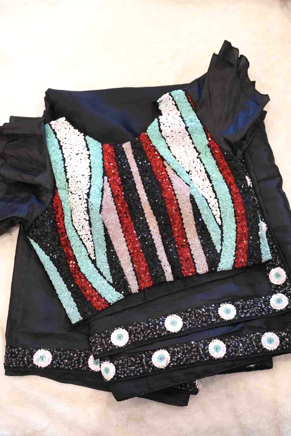 Black Sequin Cocktail Saree with Ruffle Sleeve Blouse