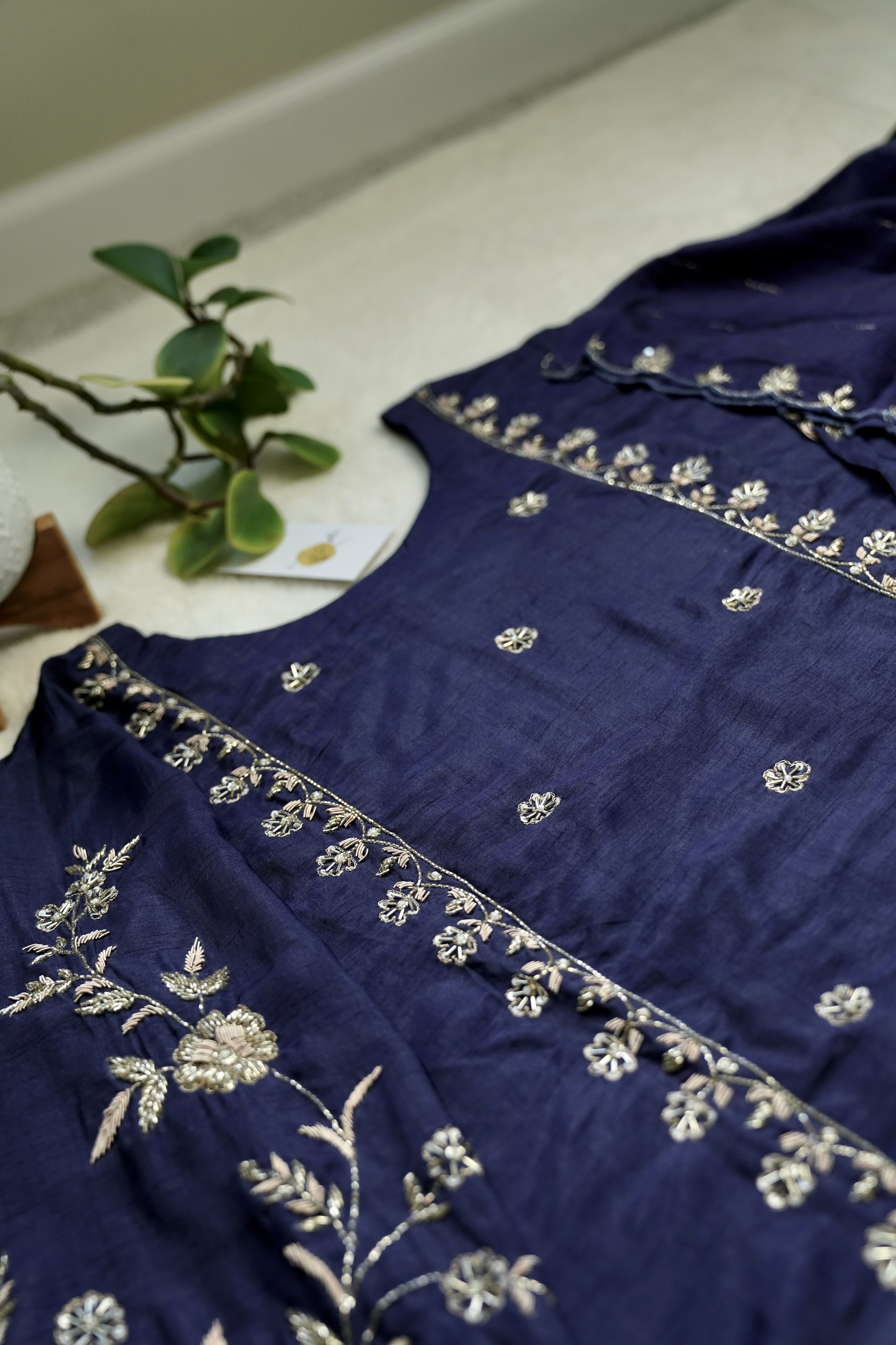 Midnight Blue Dola Silk Handwork Suit Set
