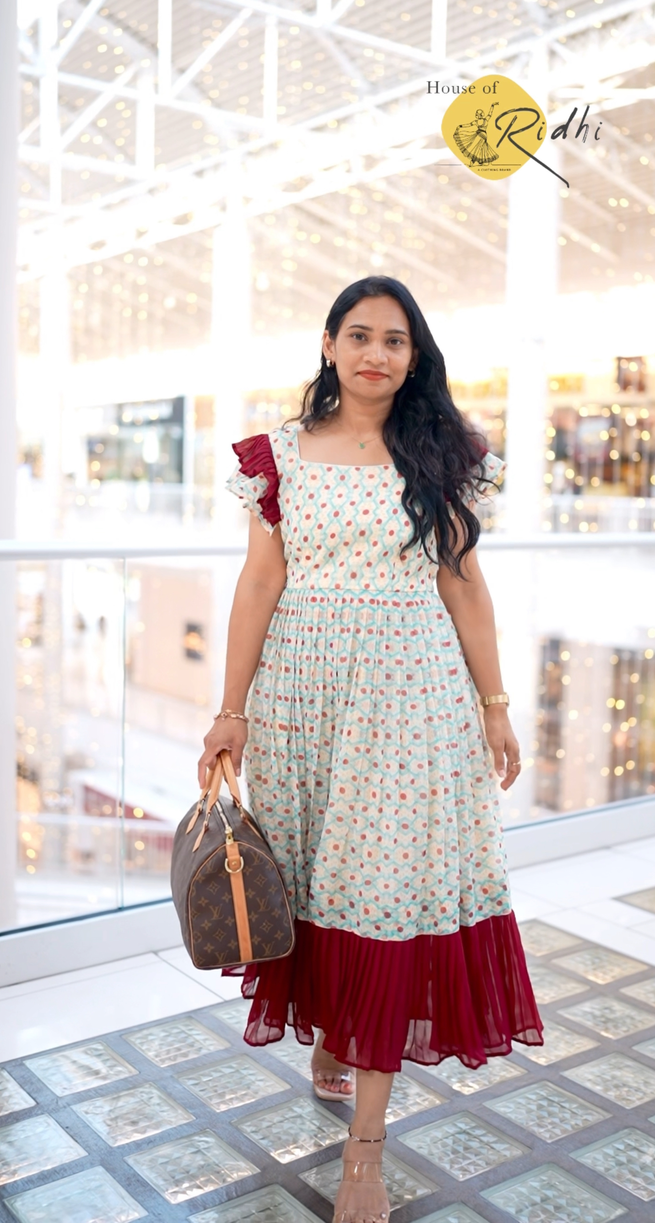 Light mint green Printed Frock with Wine Red Ruffle Hem