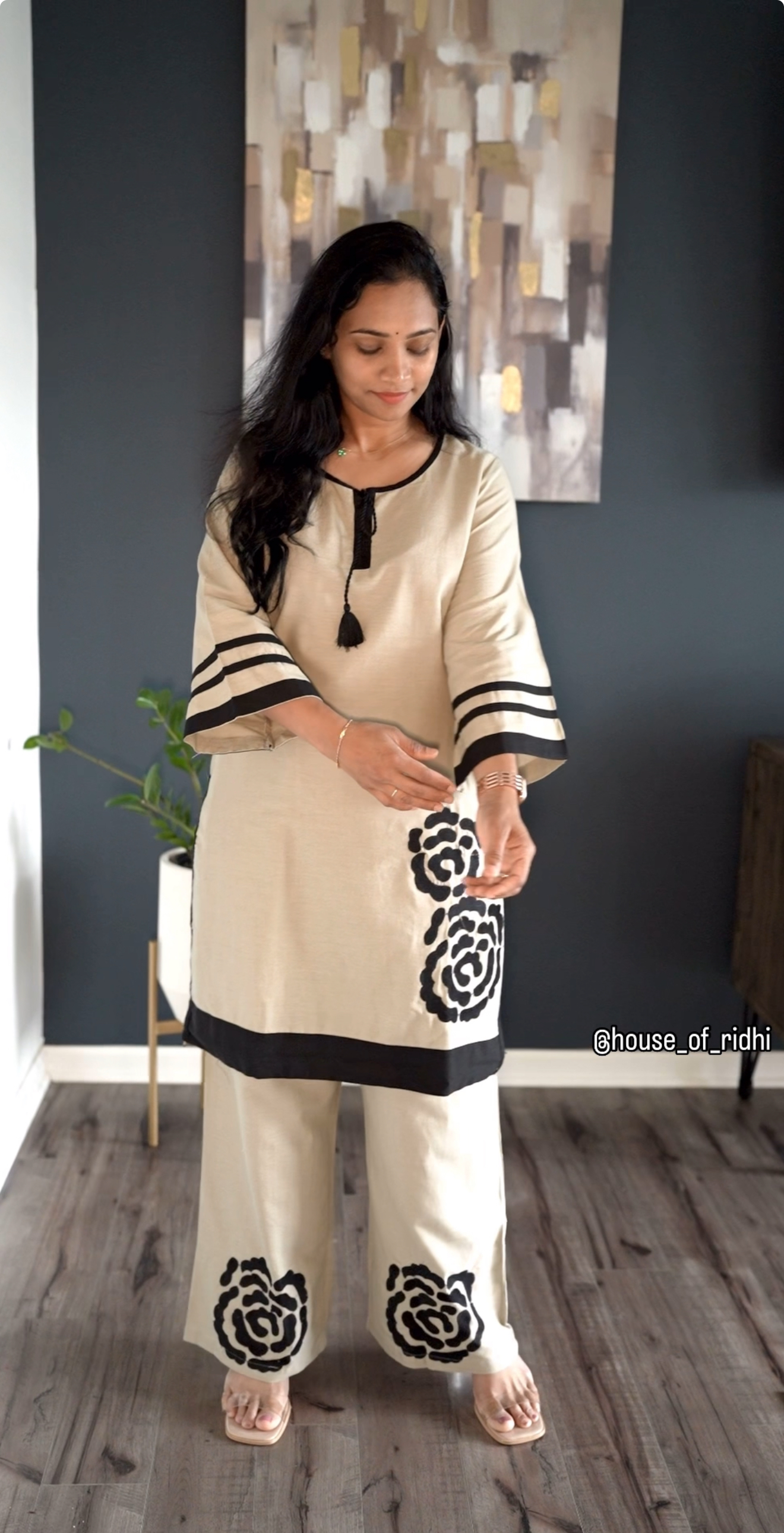 Grey & Black Pure Cotton Kurti Set with Floral Accents