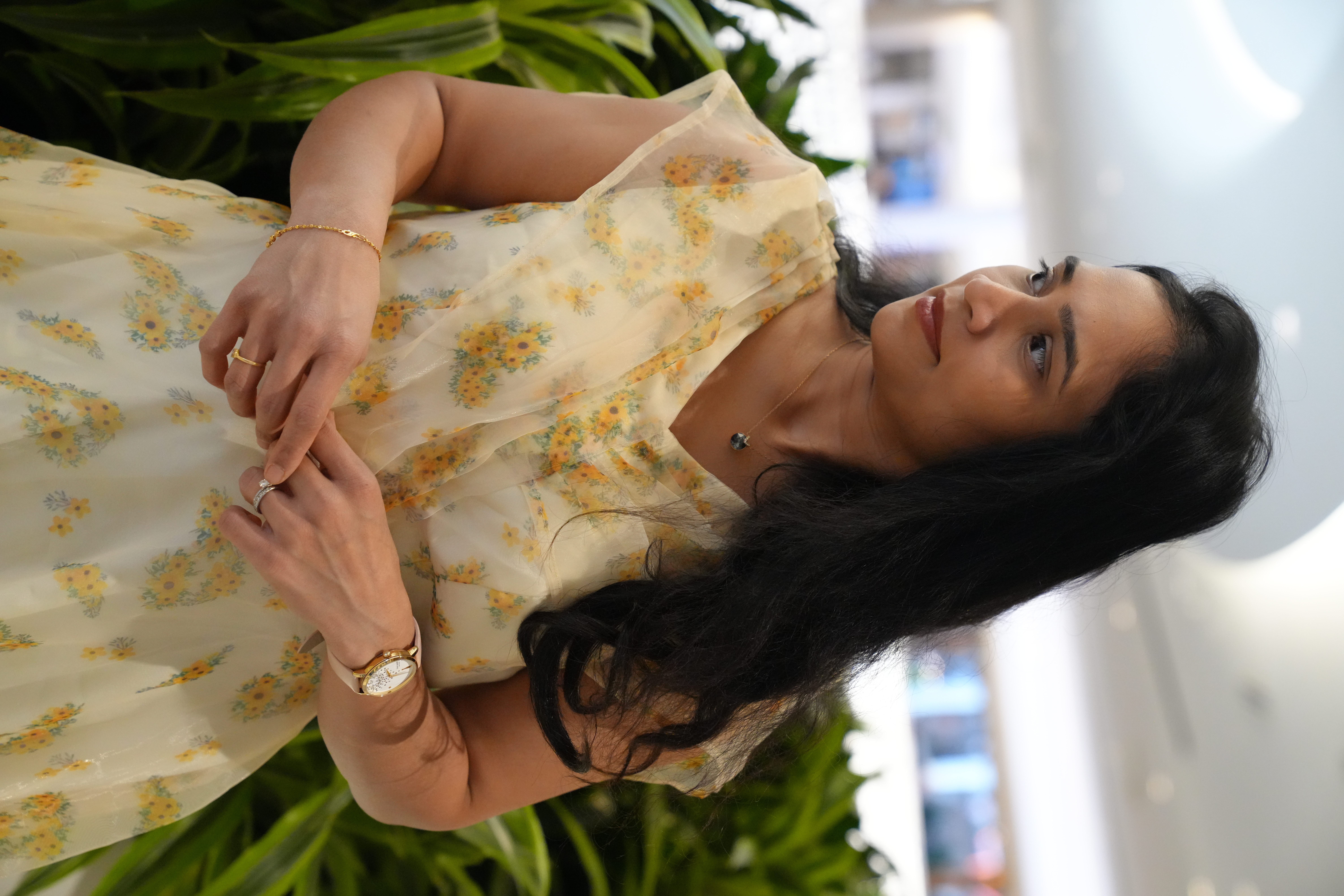 Sun-Kissed Elegance | Cream Organza Dress with Modern Neckline