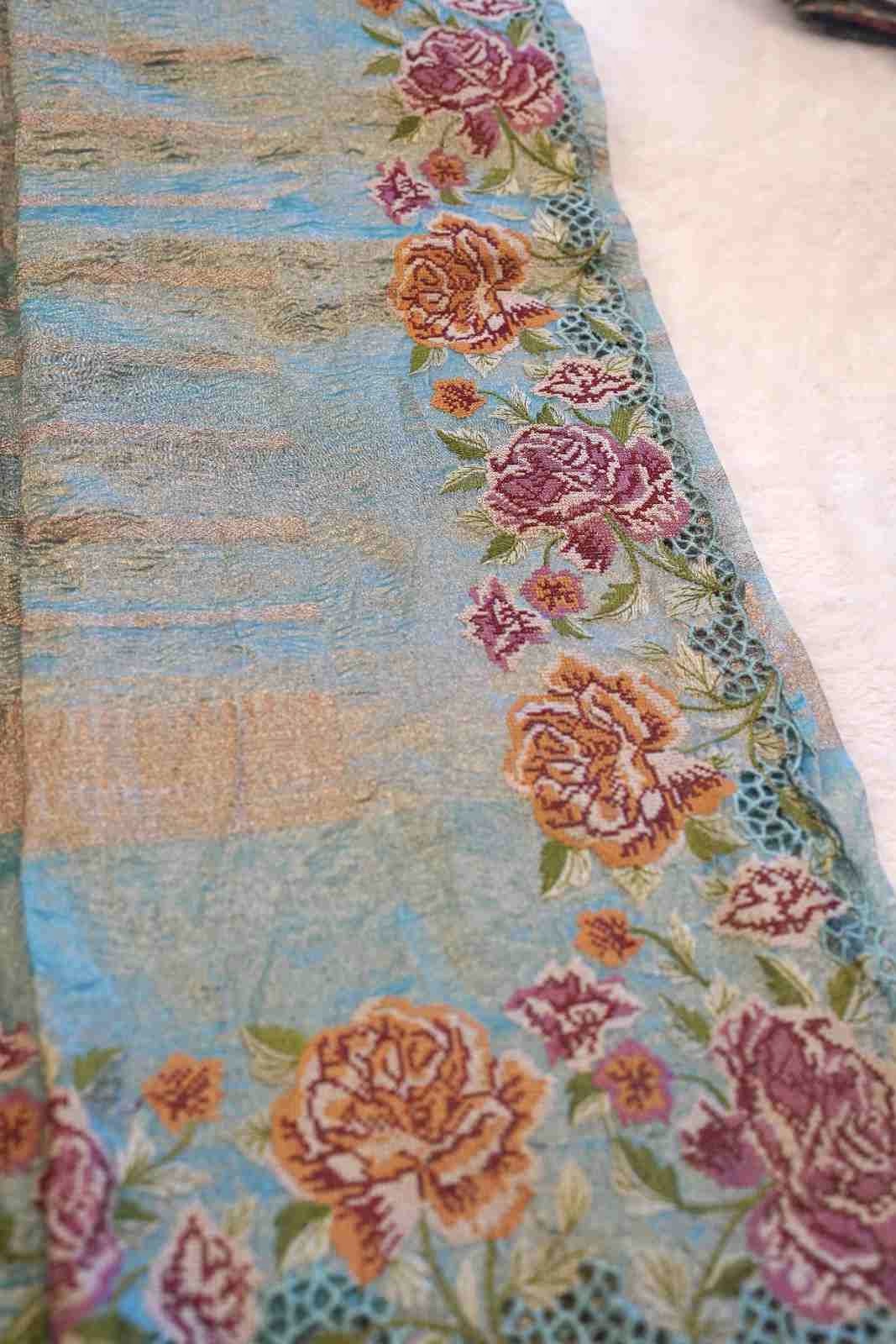 Misty sea green Crushed Tissue Saree with Gold Zari Crochet Floral Work