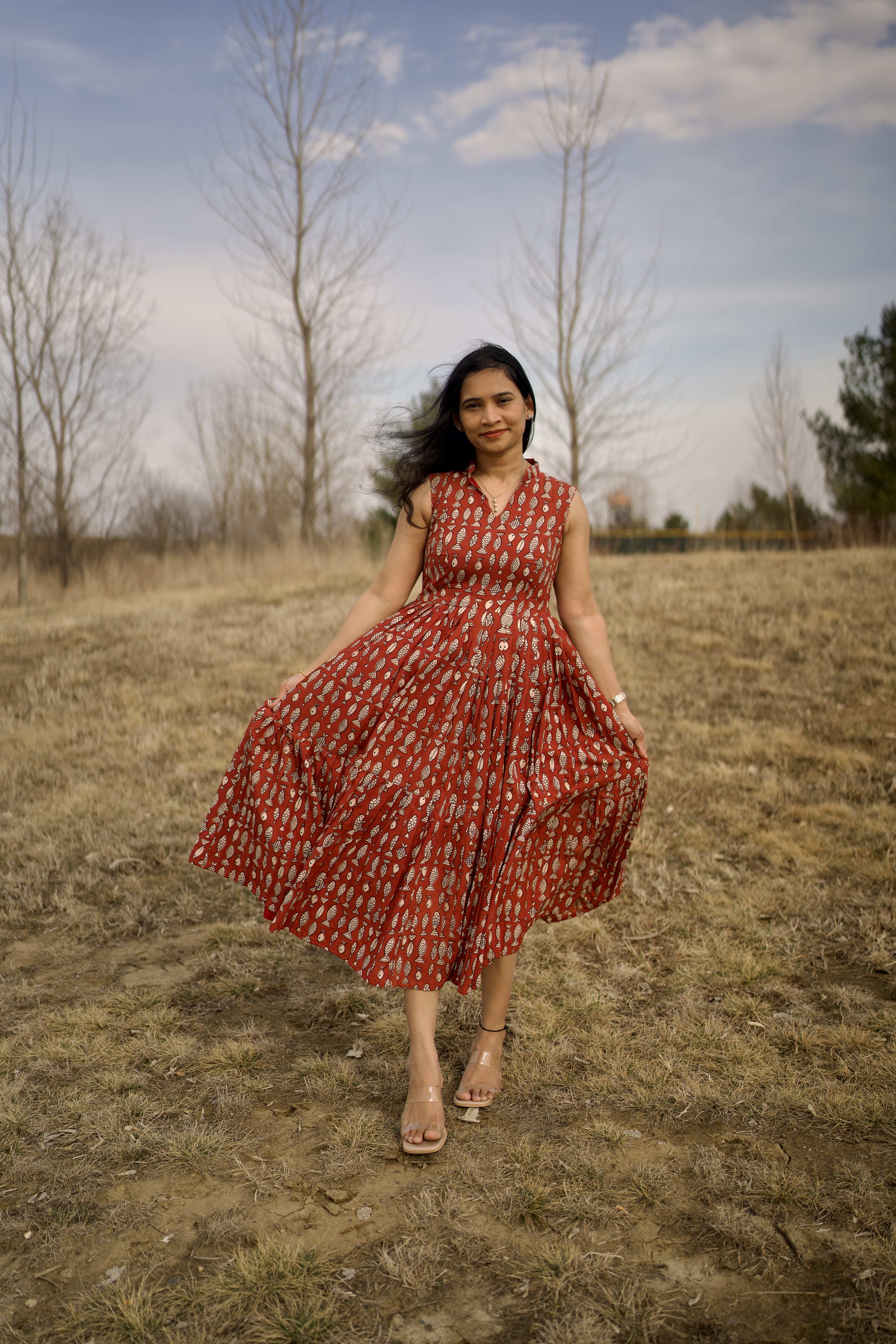 Brick Red Handblock in Fish Print Midi Dress