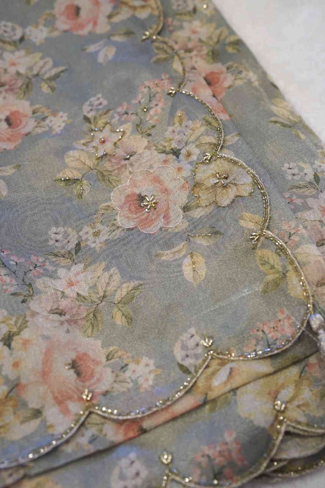 Gray Tissue Shimmer Saree with Scalloped Edges & Beaded Floral Detailing