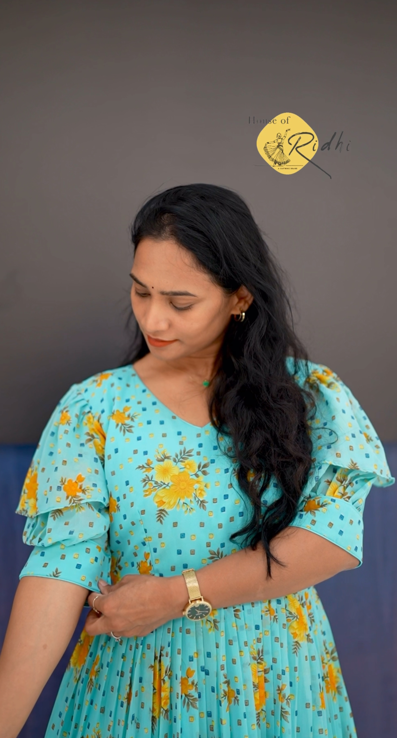 Turquoise Blue Floral Frock with Puff Sleeves