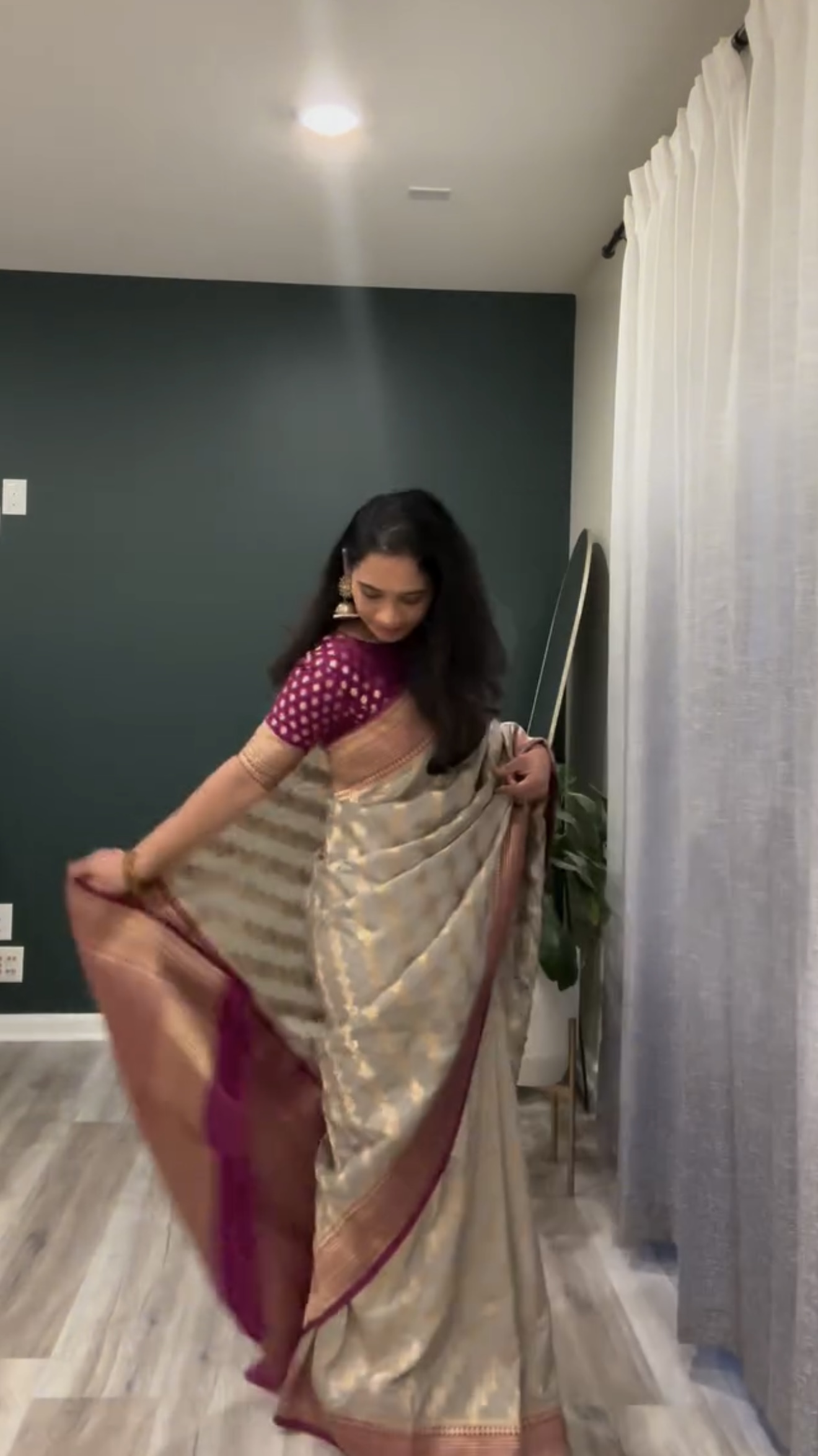 Silver Banarasi Silk Saree with Plum Contrast Blouse