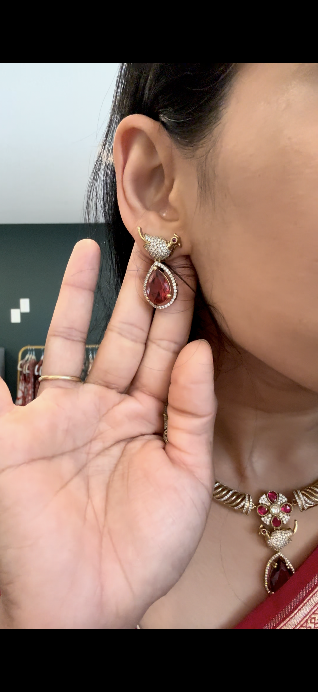 Kante Pattern Choker Set with Rani Pink Mossanite Drop with Bird Pendant