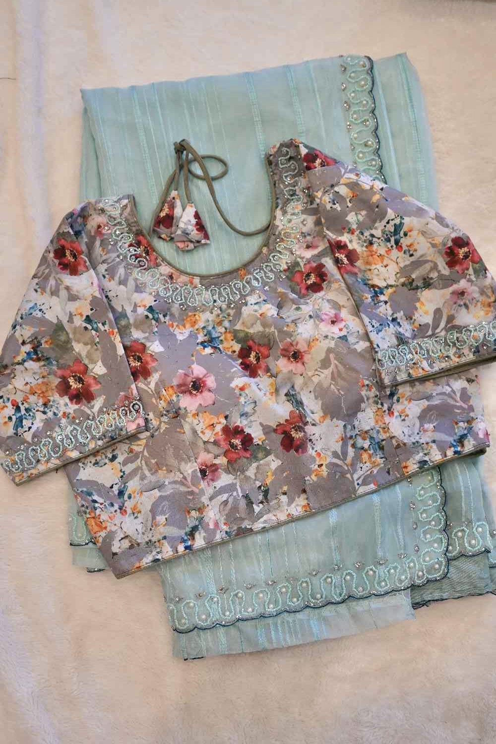 Light Sea Blue Saree with Beaded Edges & Grey Floral Blouse