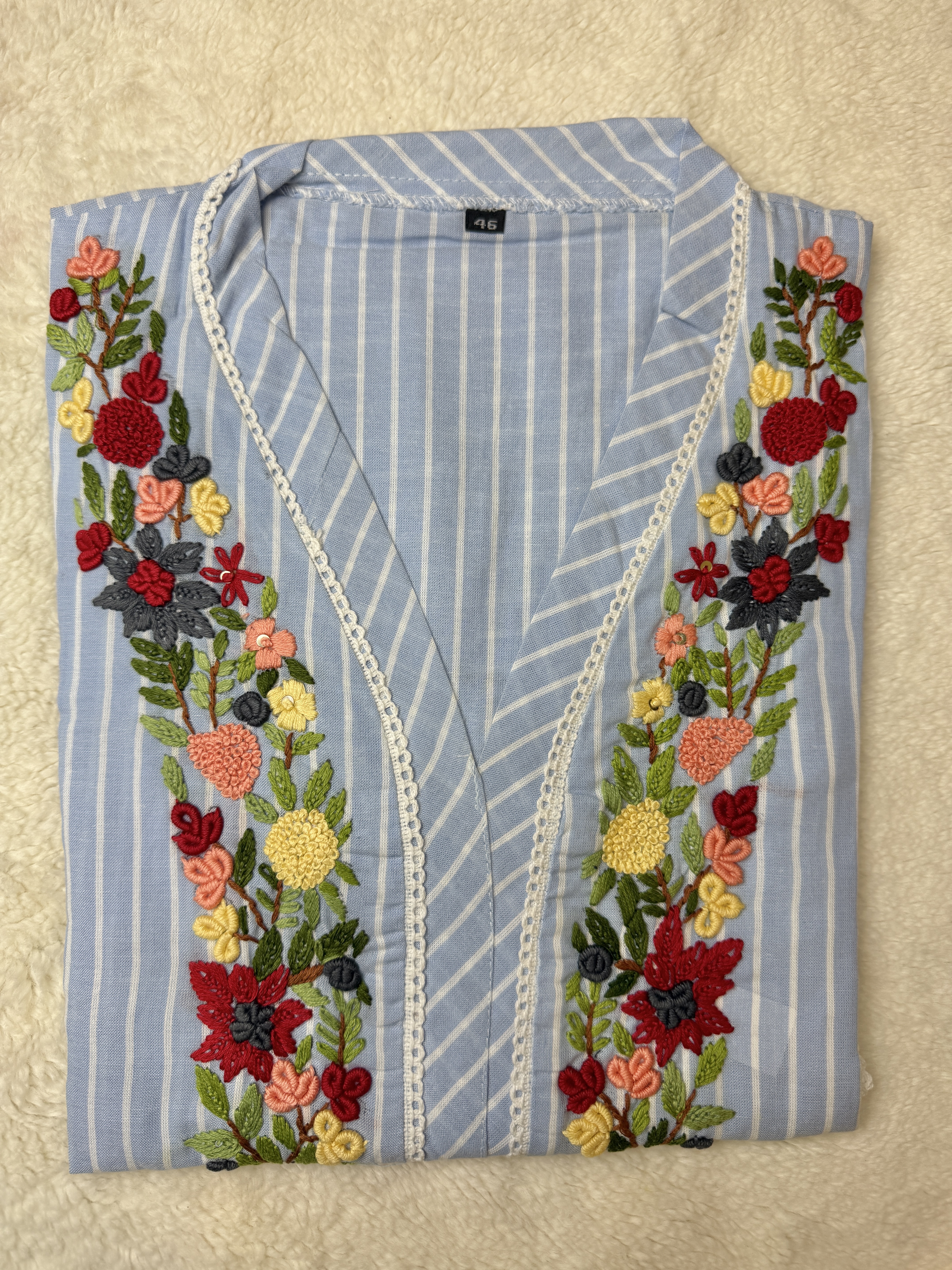 Pure Organic Cotton Hand Embroidered Striped Kurthi