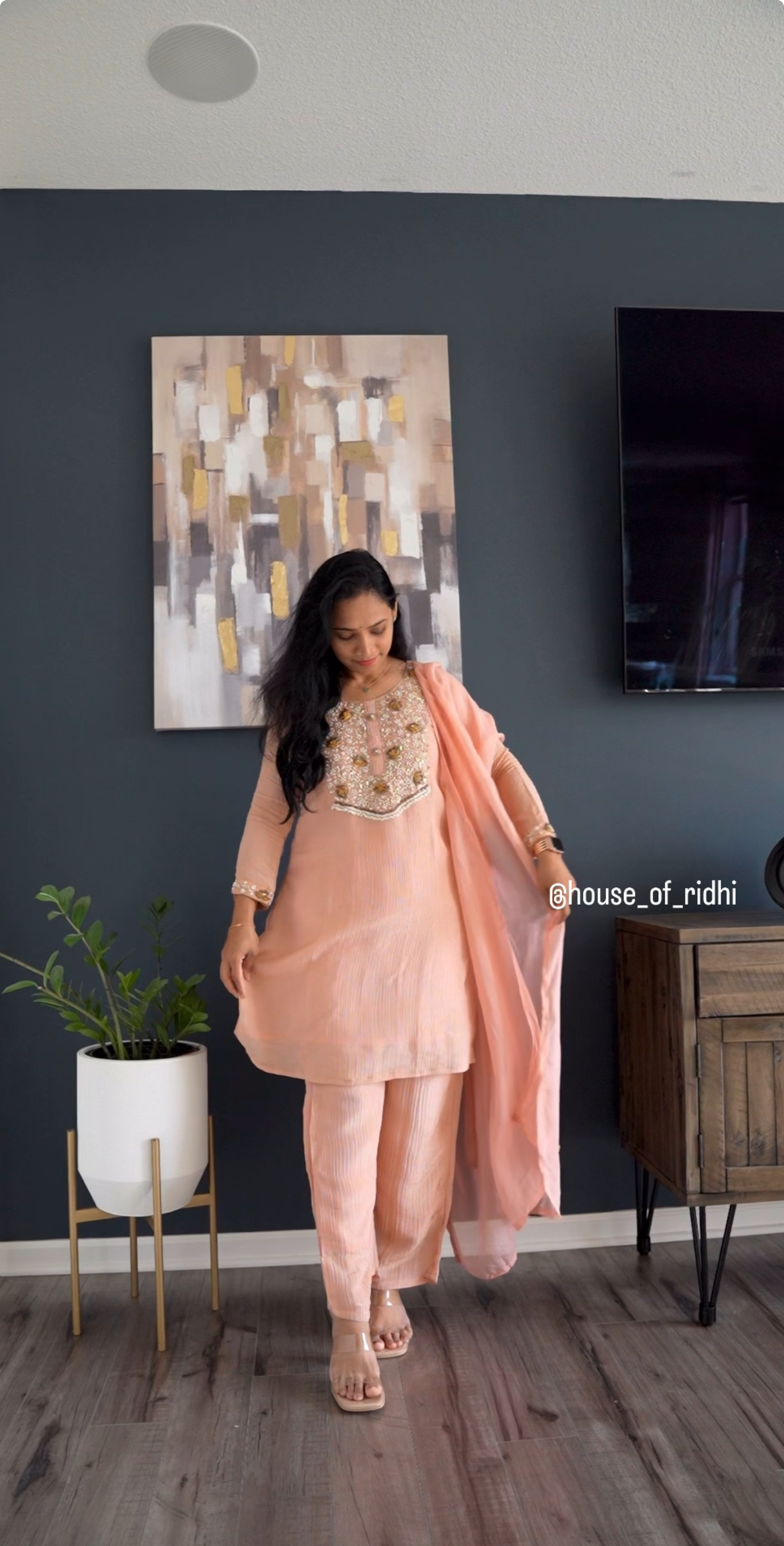 Blush Pink Crushed Shimmer 3-Piece Coord Set with Pearl Work