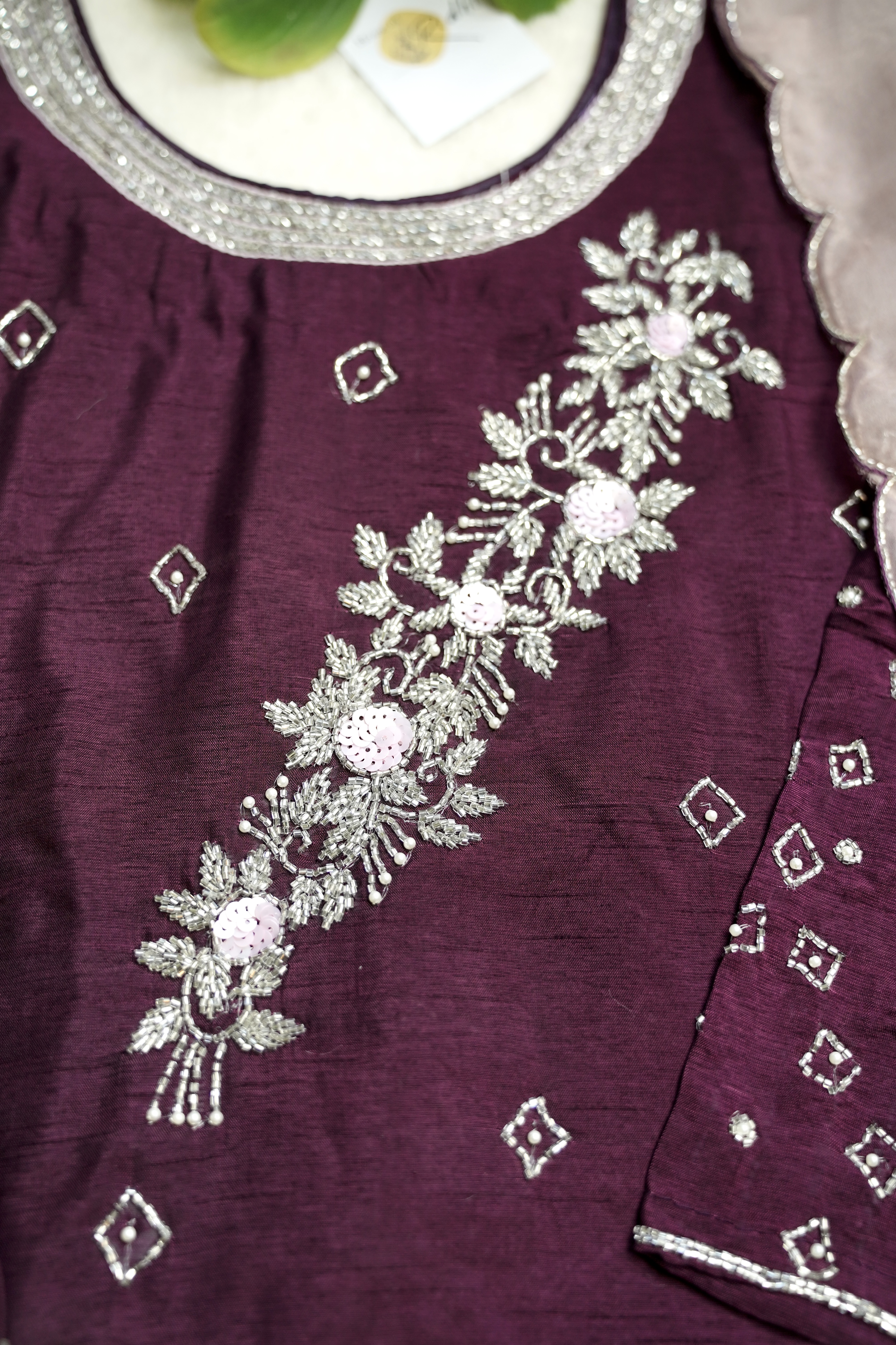 Deep Maroon Dola Silk Suit with Pink Organza Dupatta