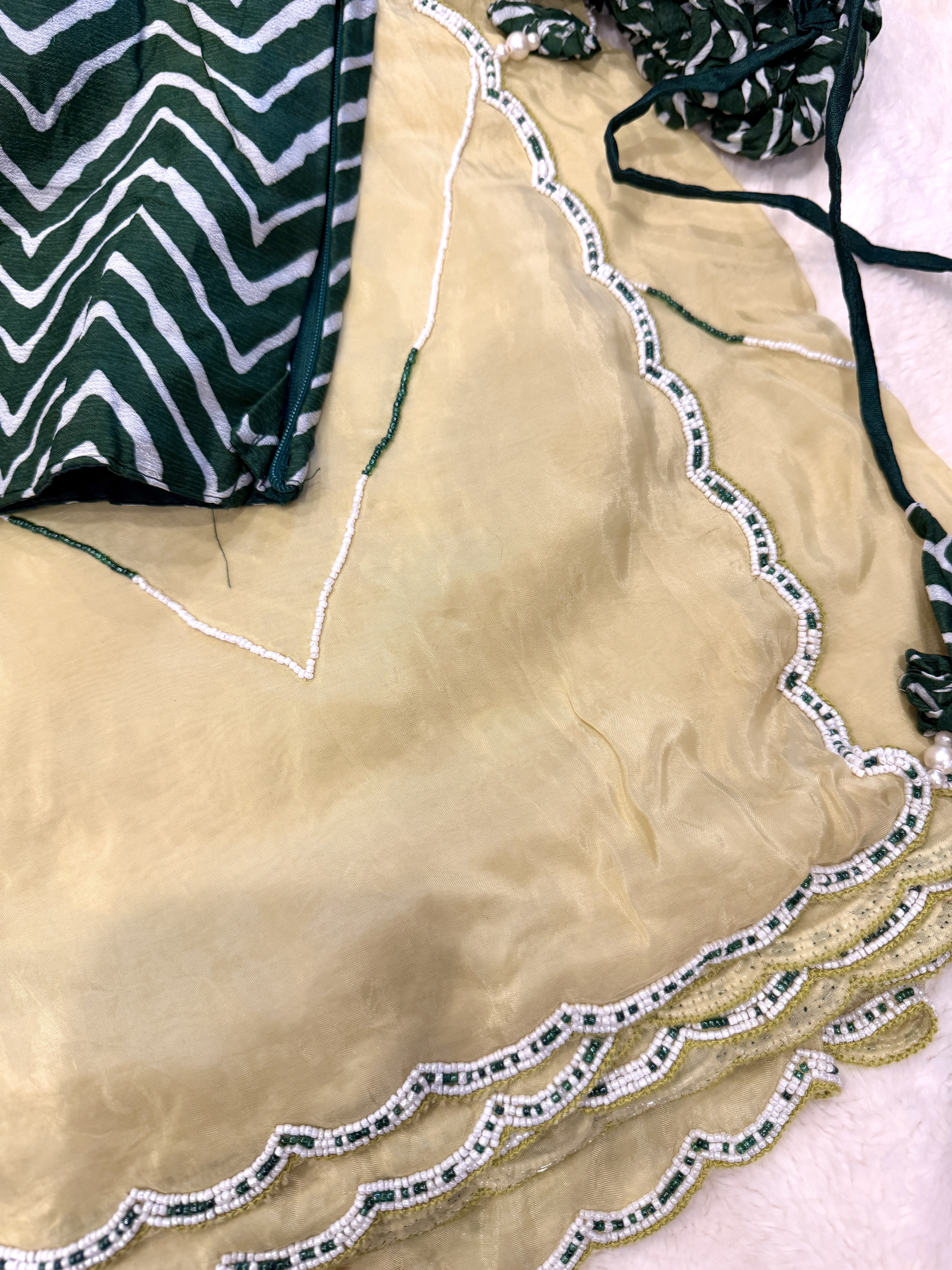 🌿 Light Green Pearl Elegance Saree 🌿