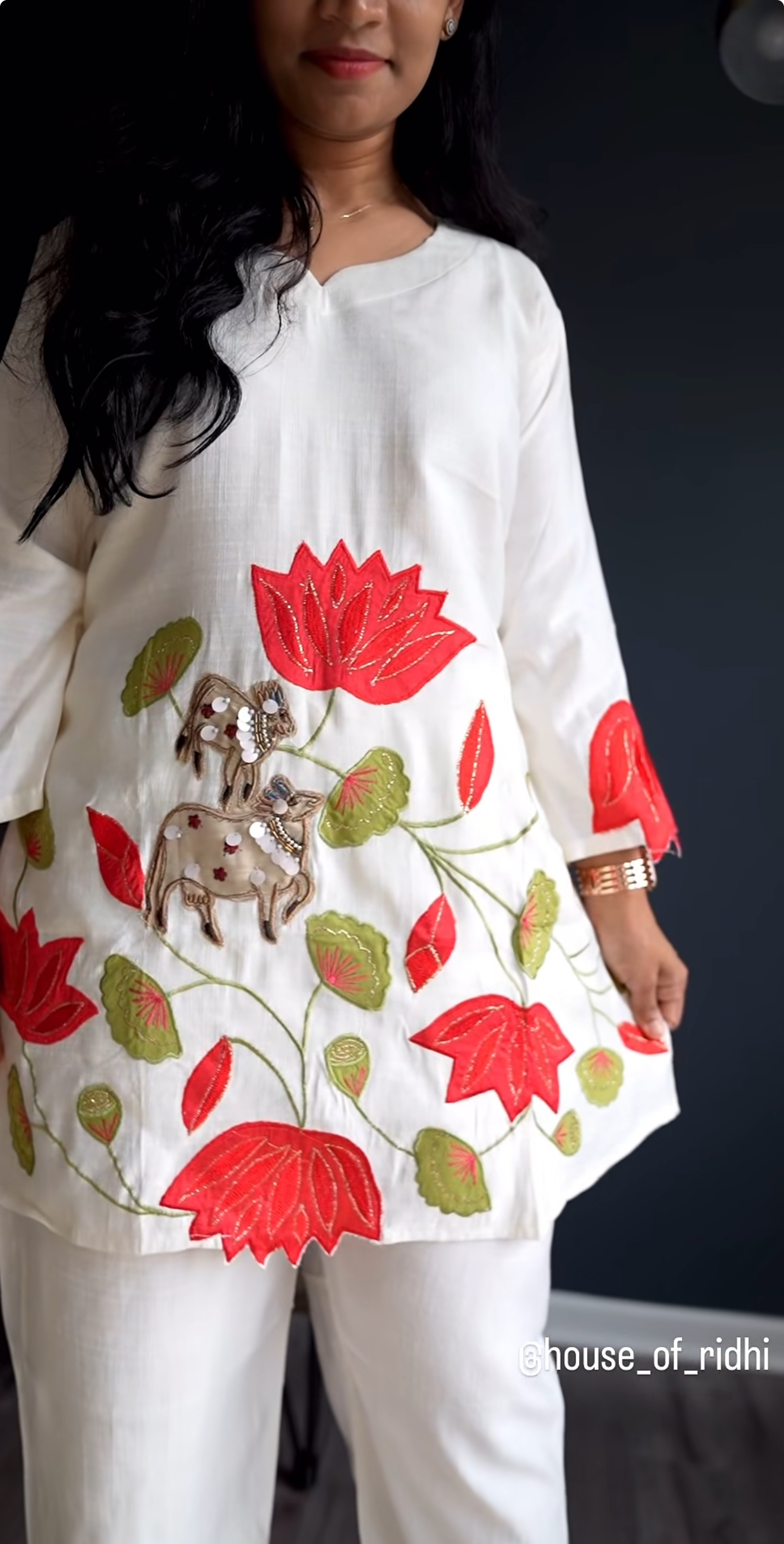 Pichwai Cotton Co-ord Set with Floral Appliqué Sleeves