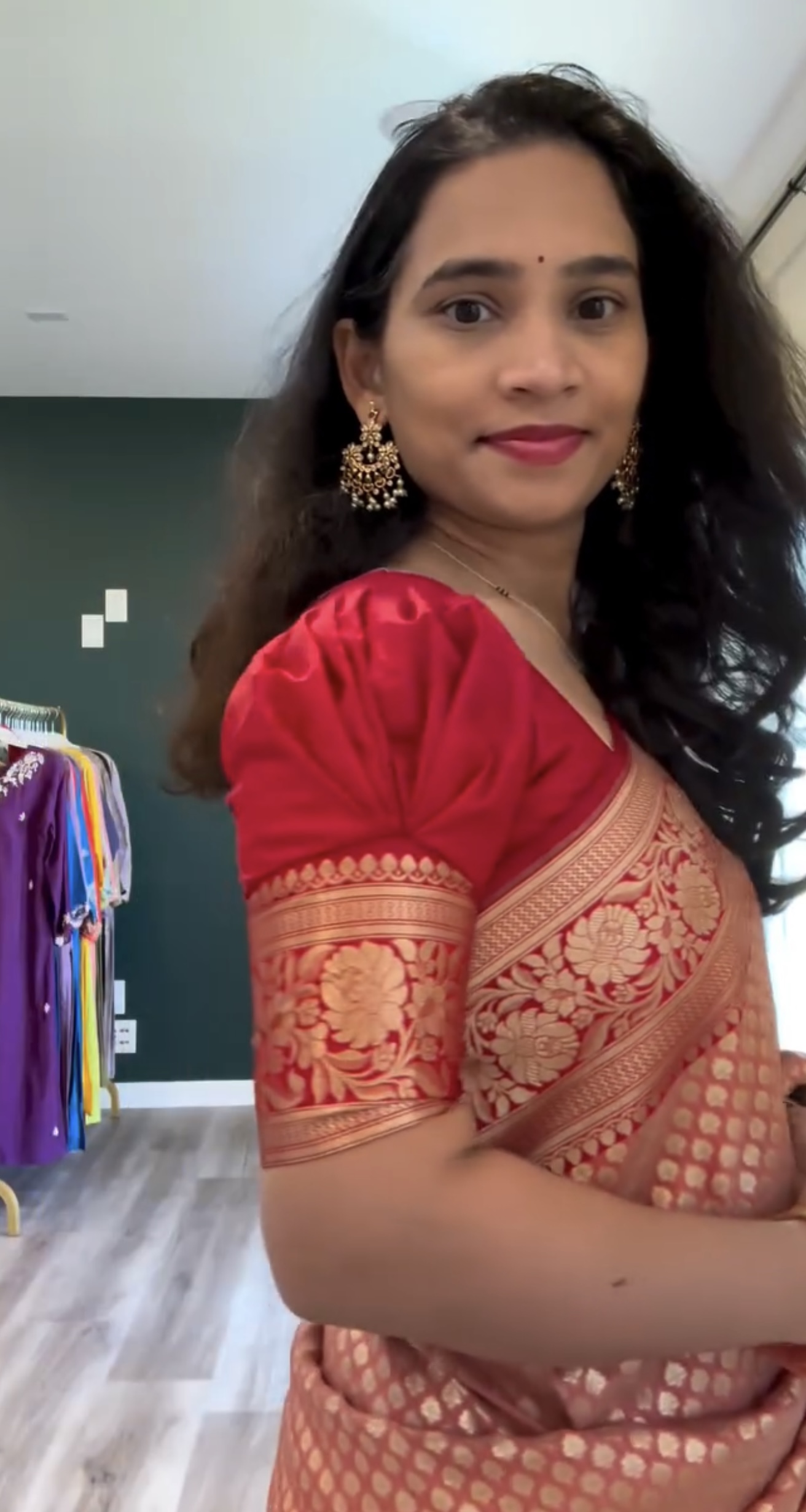 Banarasi Katan Silk Saree – Peach Buttis with Red Border