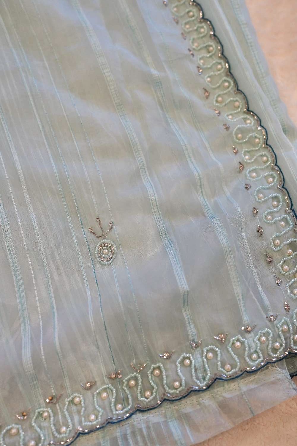 Light Sea Blue Saree with Beaded Edges & Grey Floral Blouse
