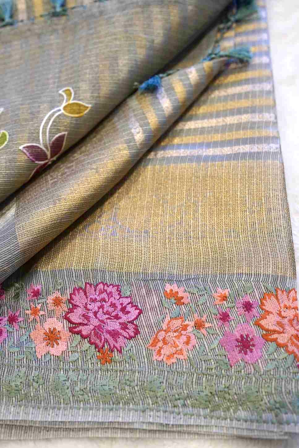 Silver & Gold Tissue Saree with Crochet Embroidery and Painted Style Pallu (Only Saree)