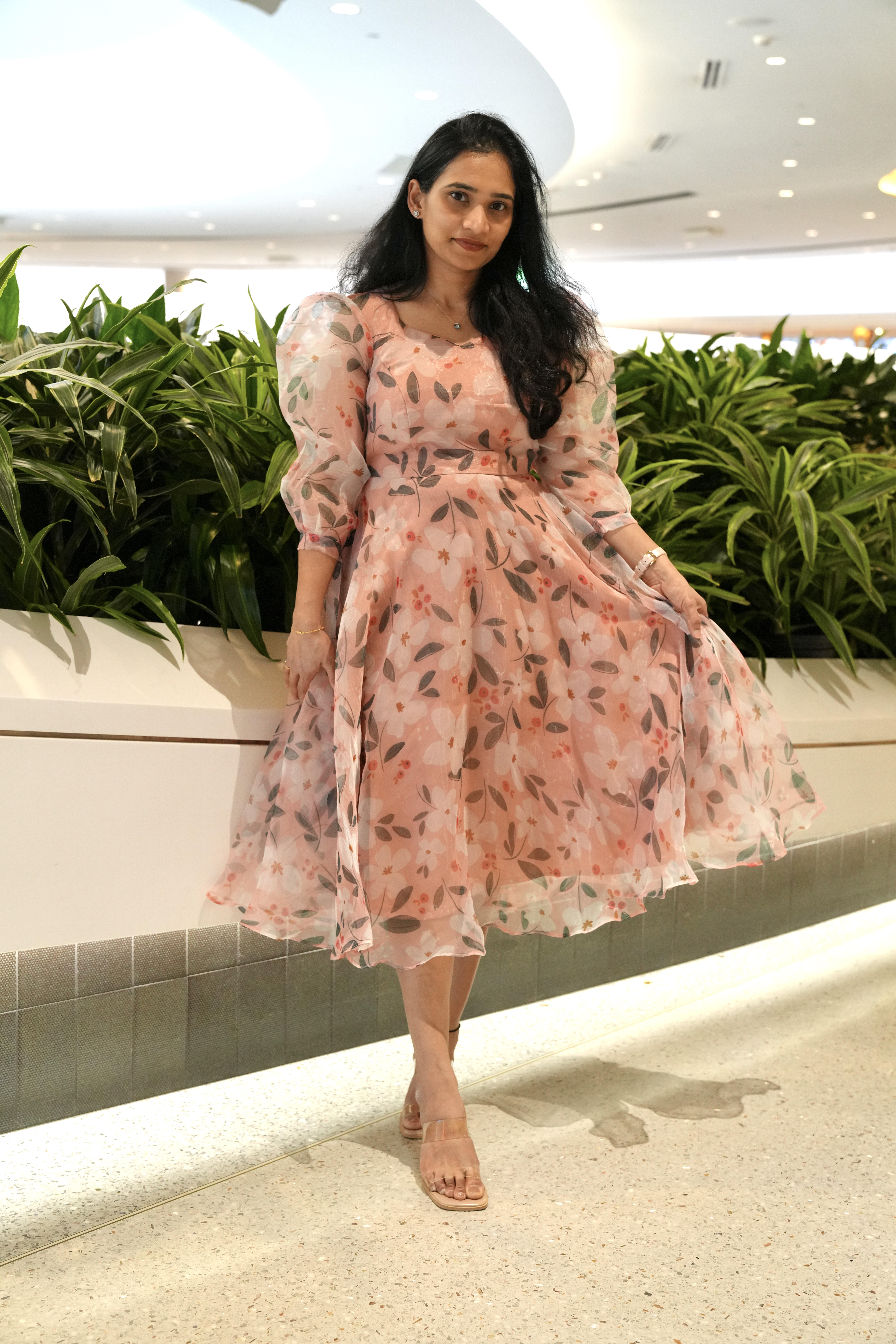 Blush Pink Floral Puff Sleeve Midi Dress