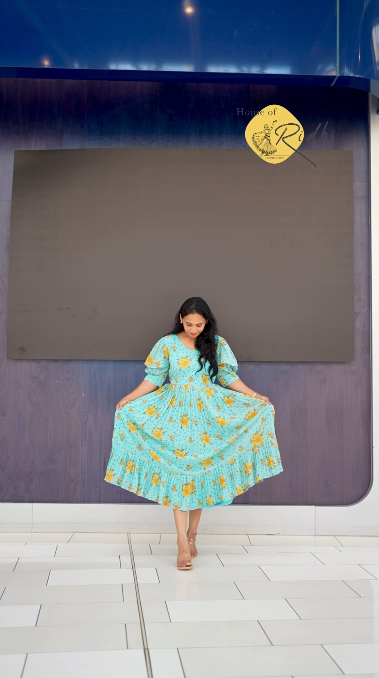 Turquoise Blue Floral Frock with Puff Sleeves