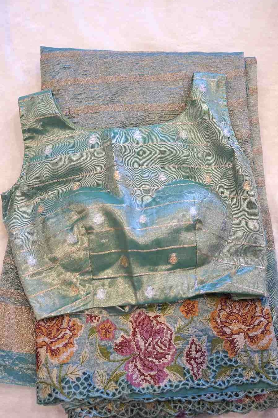 Misty sea green Crushed Tissue Saree with Gold Zari Crochet Floral Work