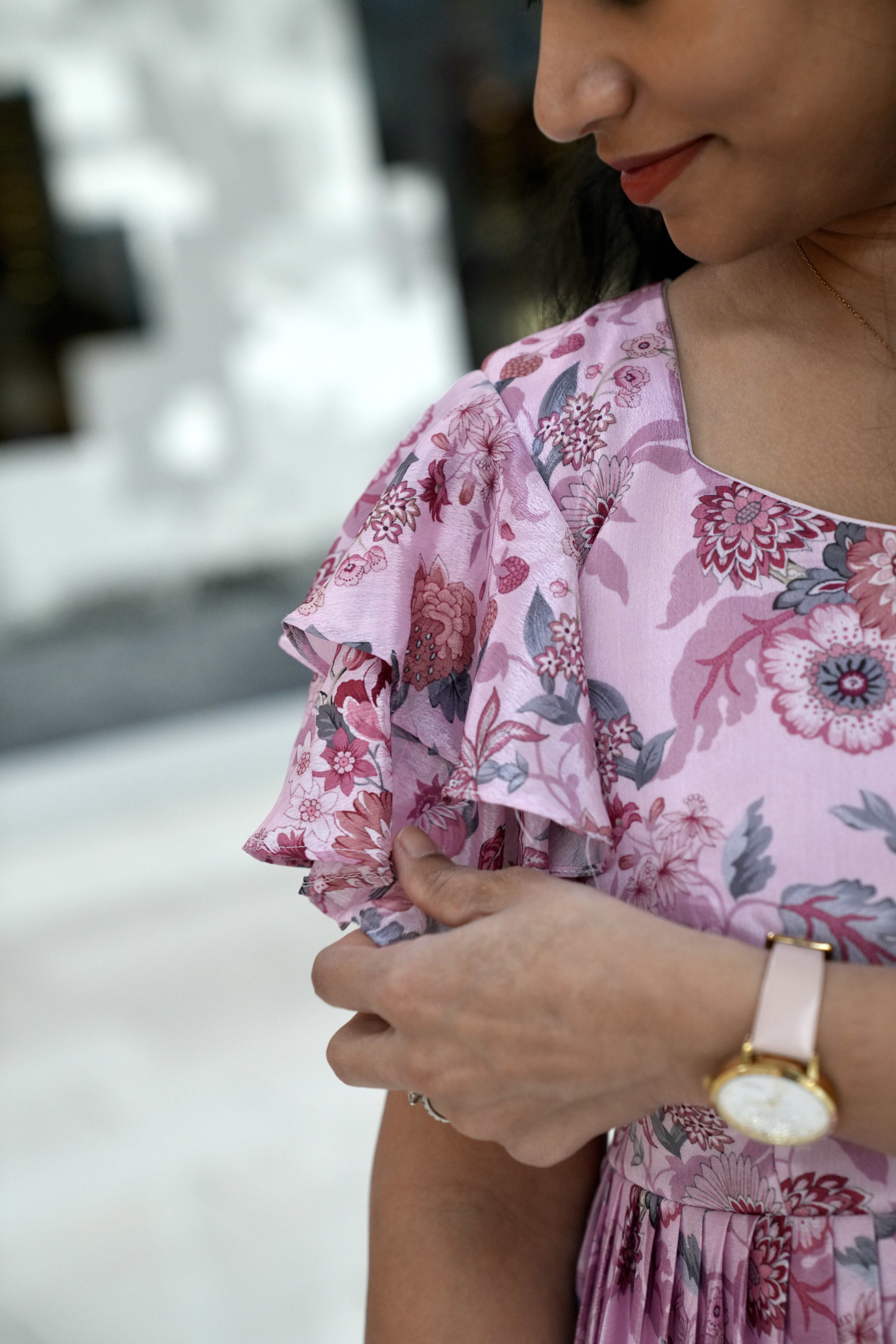 Pastel Pink Floral Chinnon Summer Frock with Ruffle Sleeves