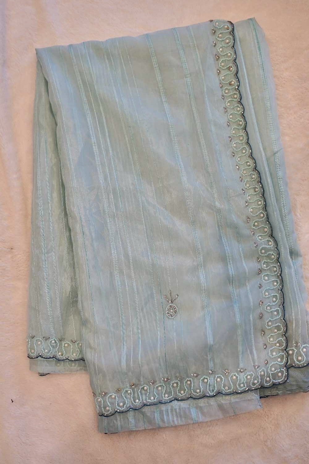 Light Sea Blue Saree with Beaded Edges & Grey Floral Blouse