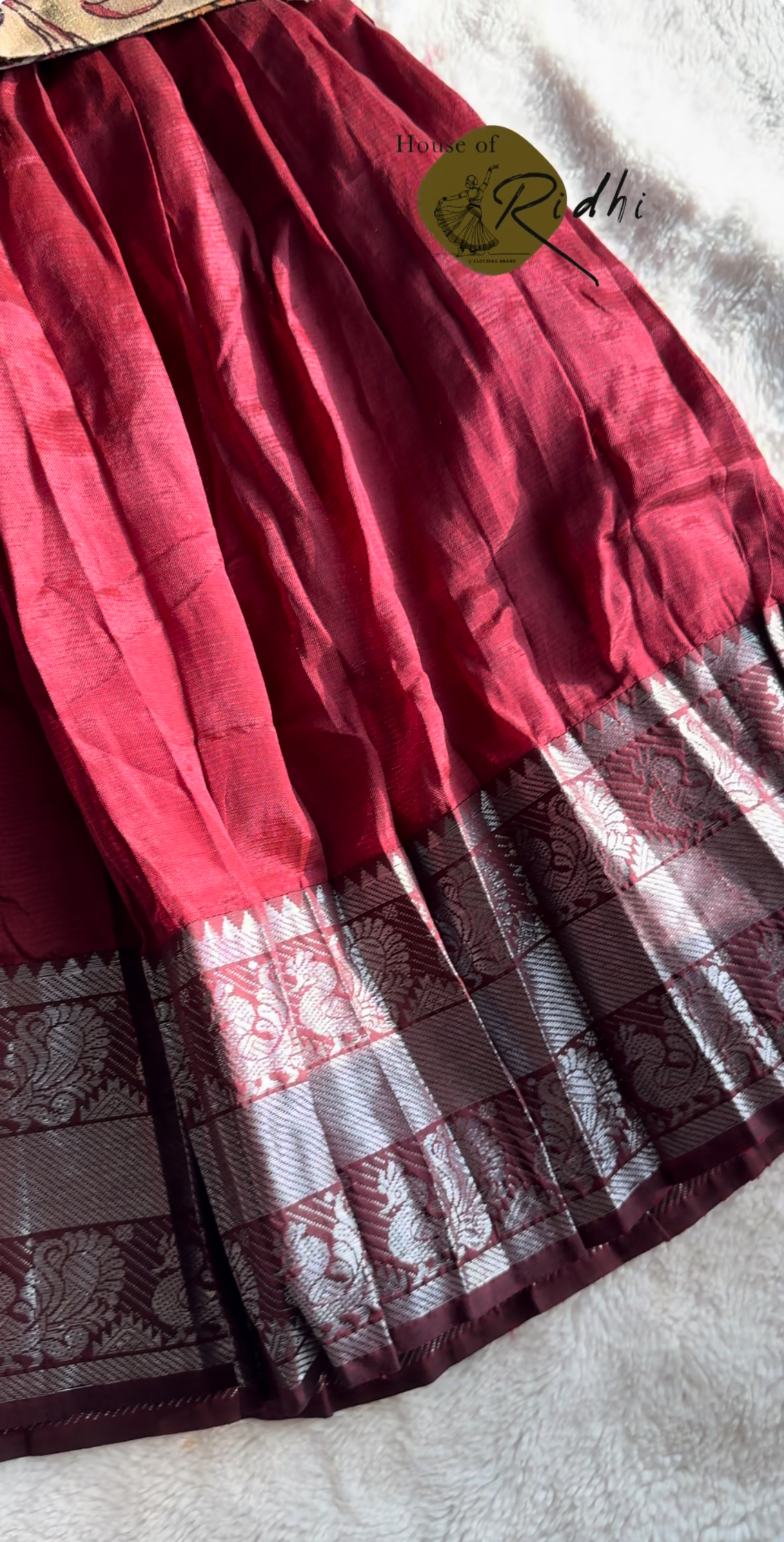 ✨ Kids Pattu Pavada – Pure Chanderi Kalamkari Top paired with Pure Mangalgiri Bottom ✨