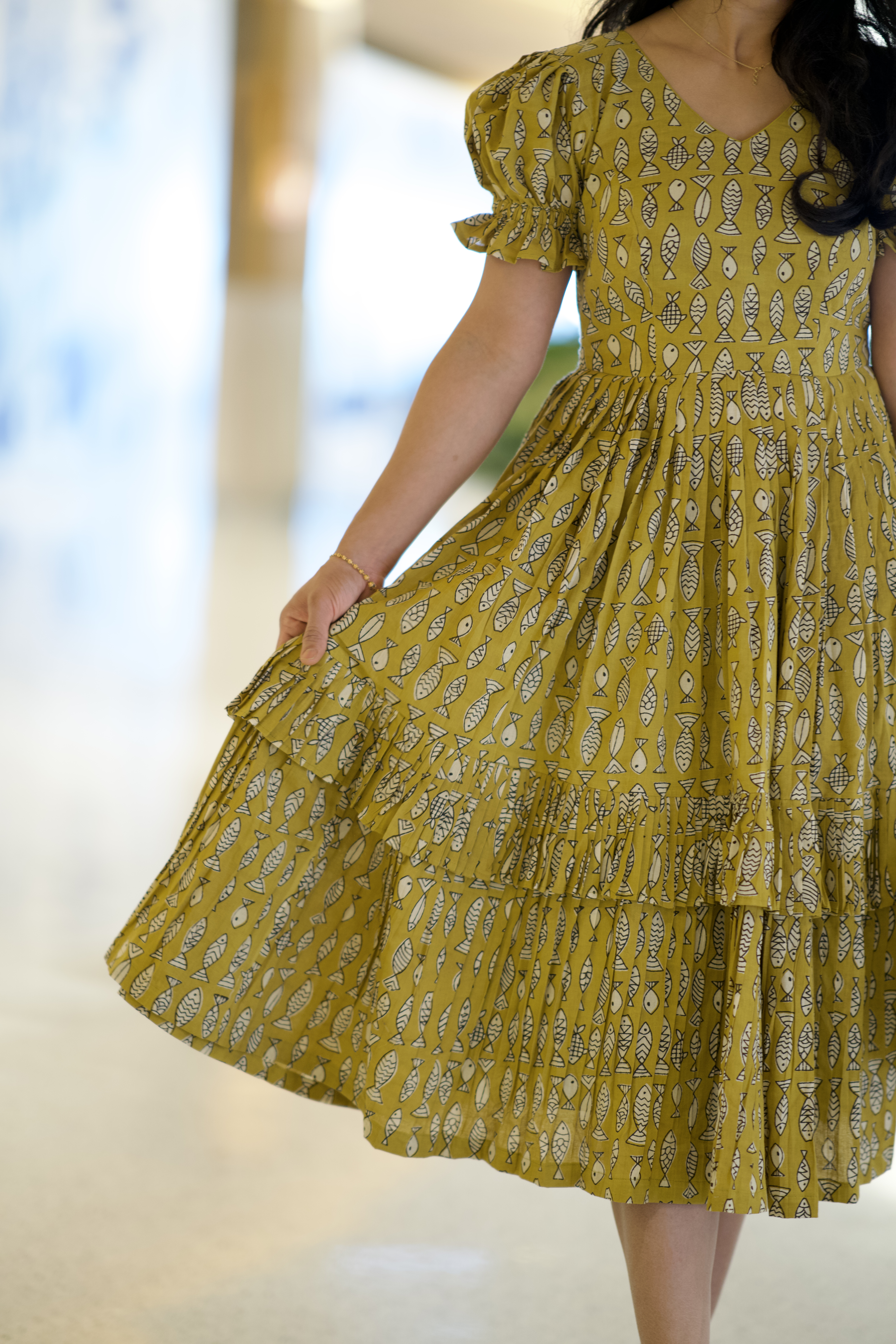 Mustard Yellow in Fish Handblock Print Midi Dress