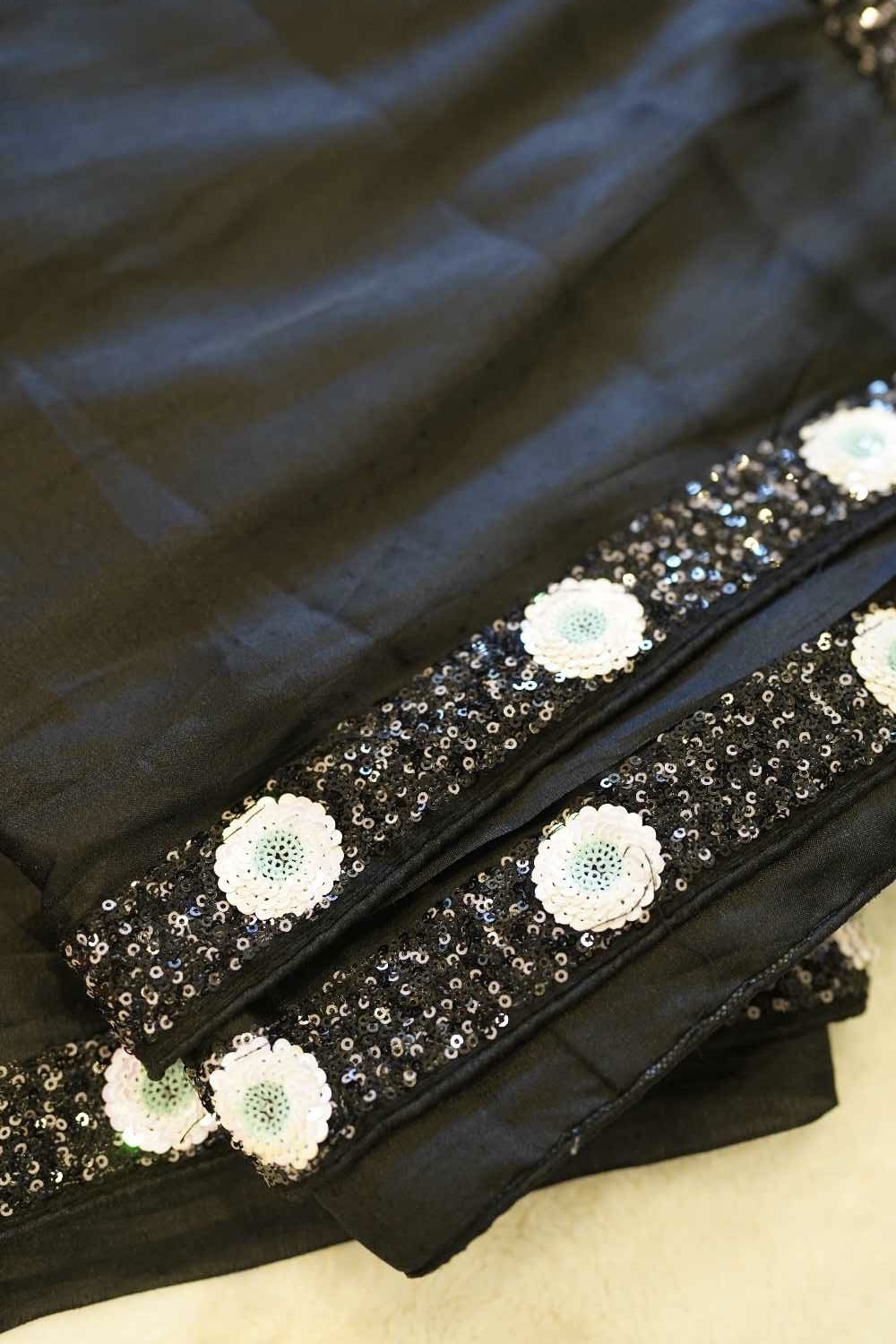 Black Sequin Cocktail Saree with Ruffle Sleeve Blouse