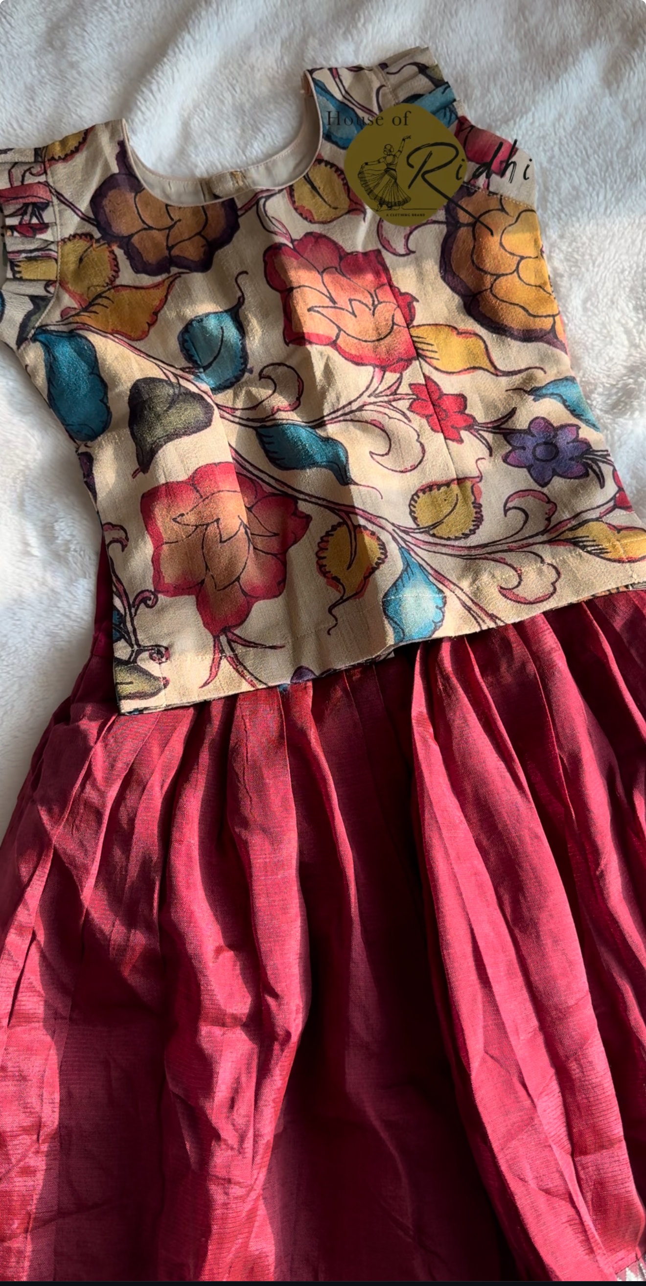 ✨ Kids Pattu Pavada – Pure Chanderi Kalamkari Top paired with Pure Mangalgiri Bottom ✨