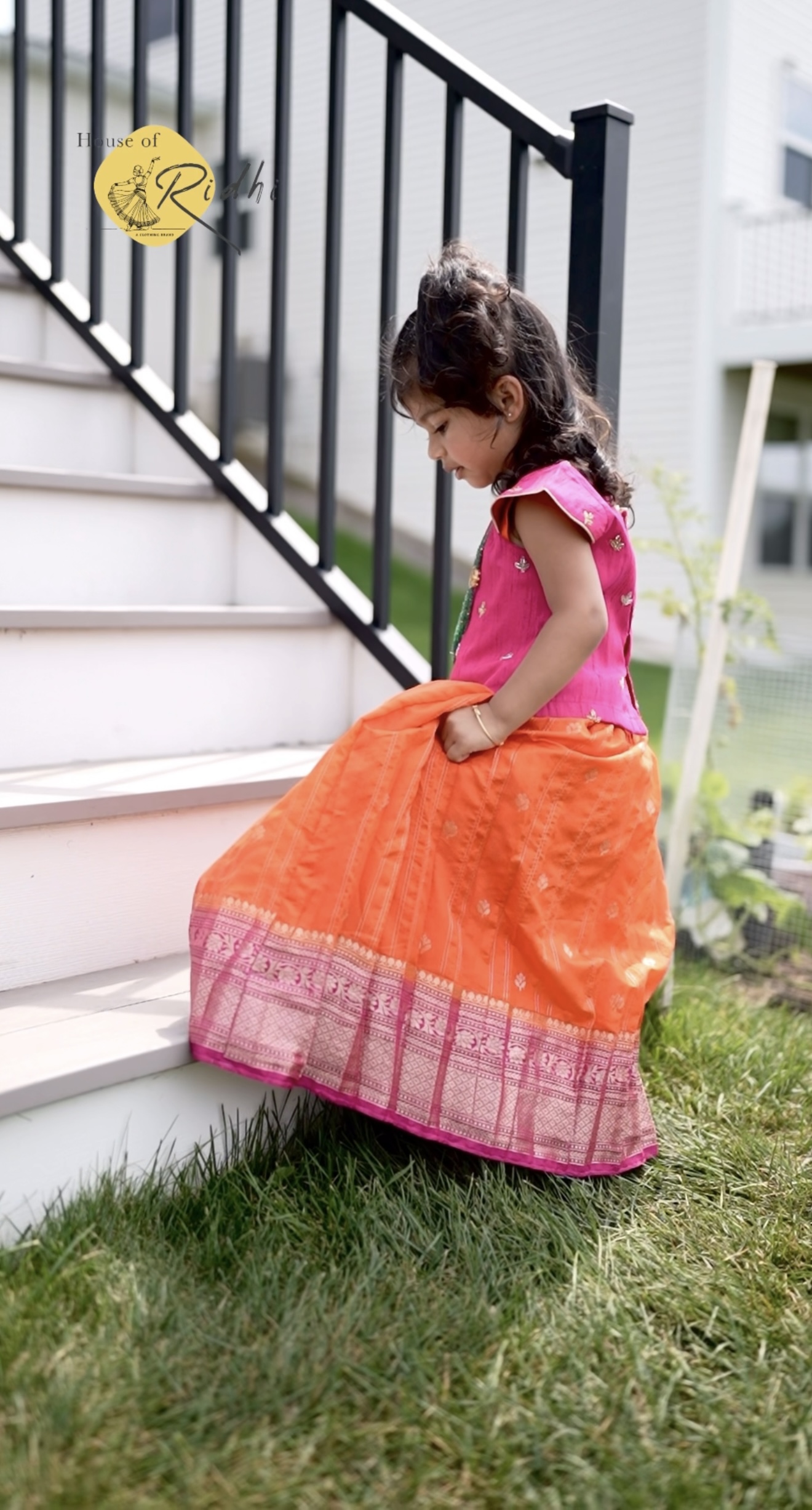 Rani Pink Raw Silk Top with Orange Semi-Kanchi Pavada 