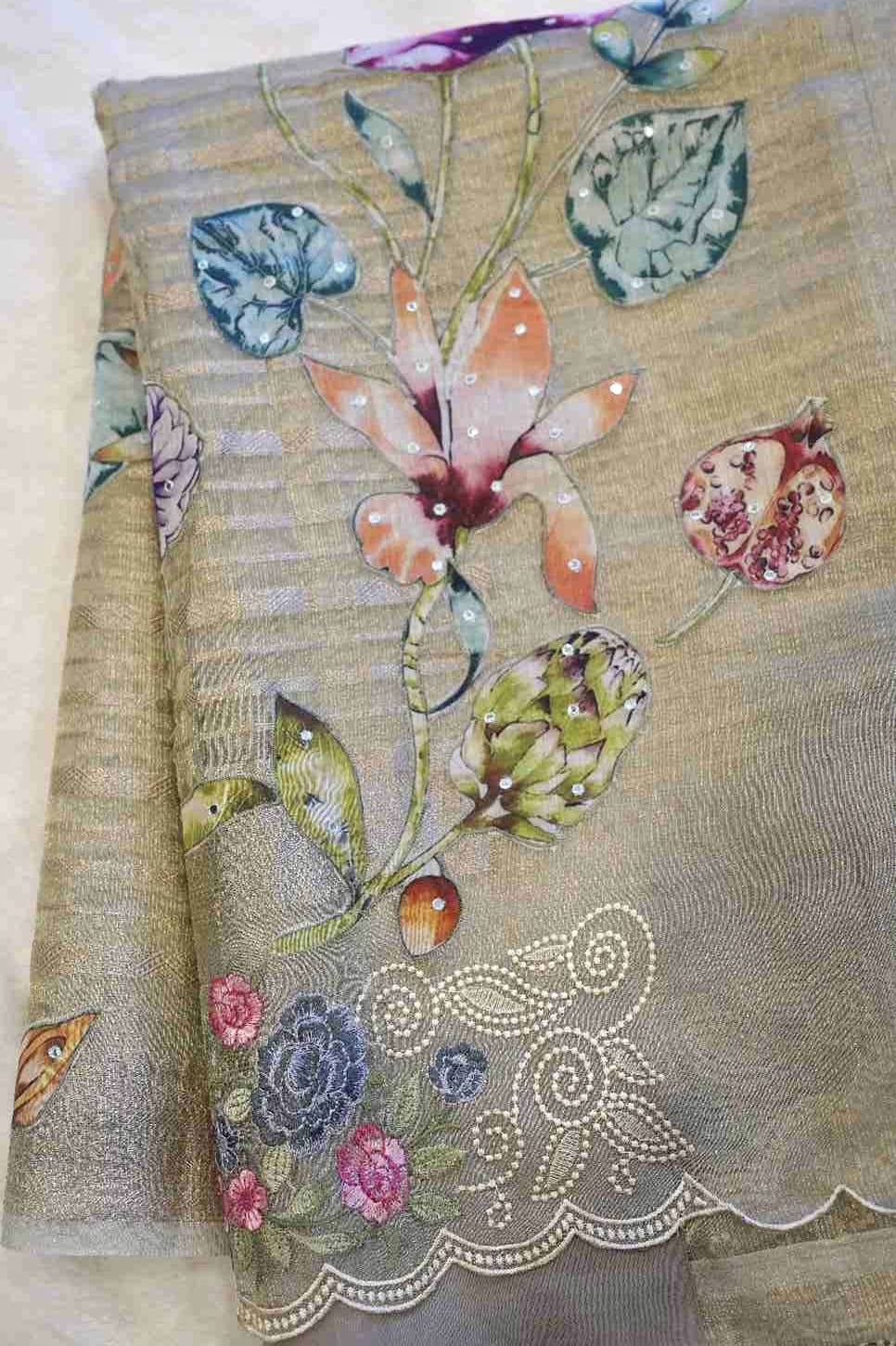 Light Pista Green Tissue-Tussar Mix Saree with Crochet Floral & Appliqué Zari Work