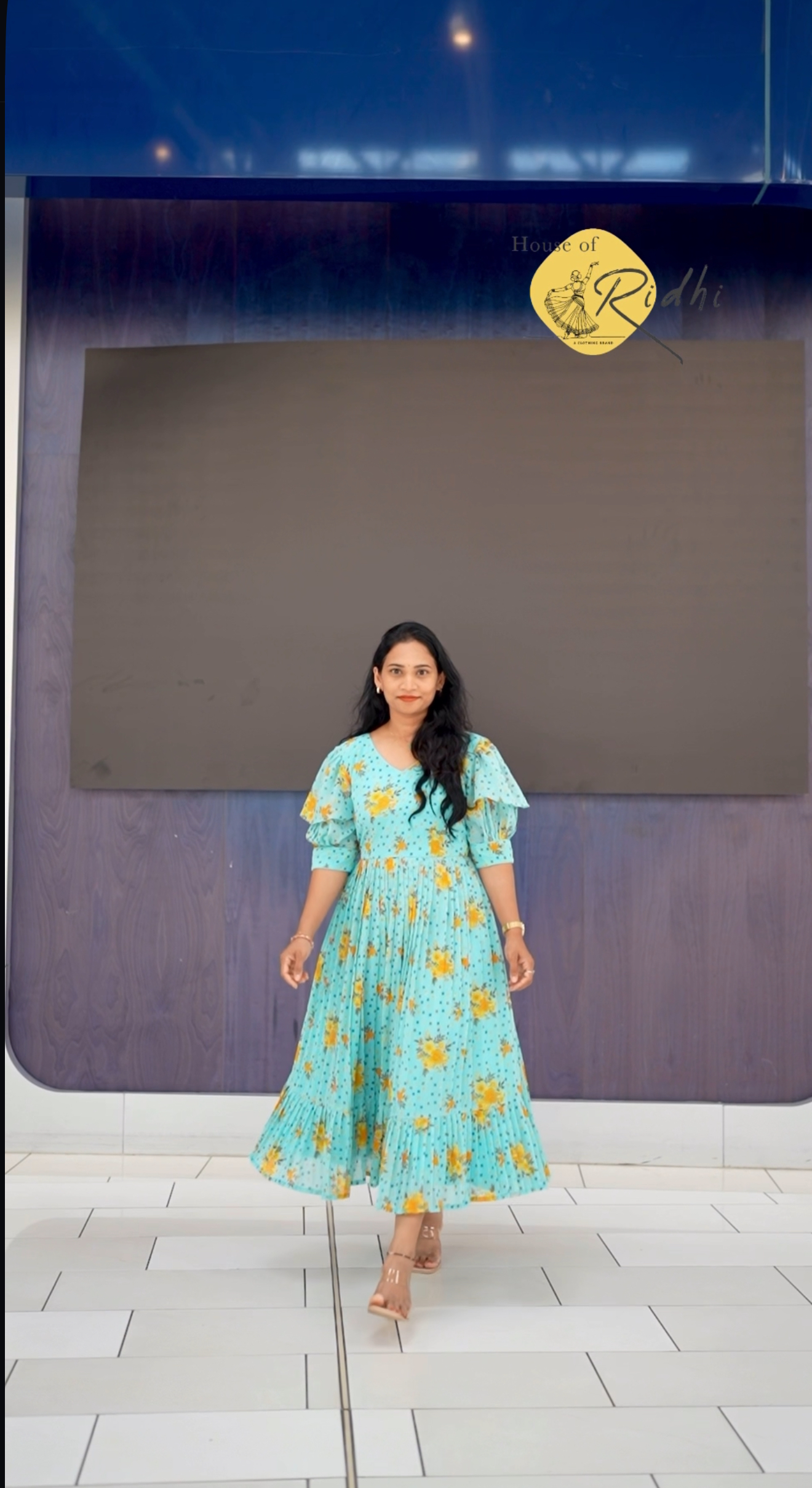 Turquoise Blue Floral Frock with Puff Sleeves