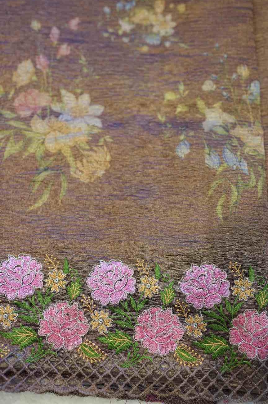 Chocolate Brown Crushed Tissue Saree with Cutwork Border & Crochet Floral Detailing