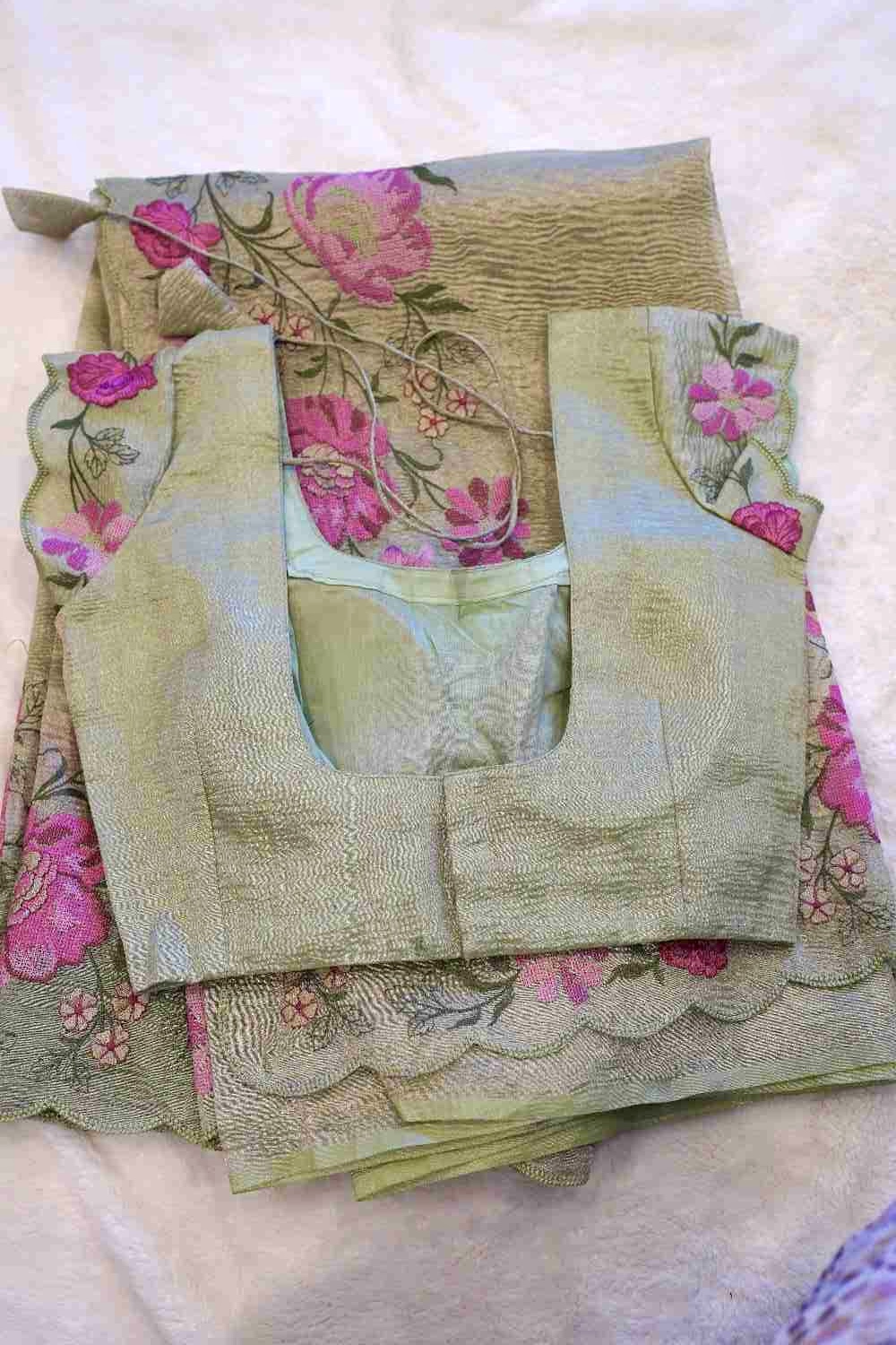 Pista Green Tissue Crushed Saree with Floral Crochet Embroidery