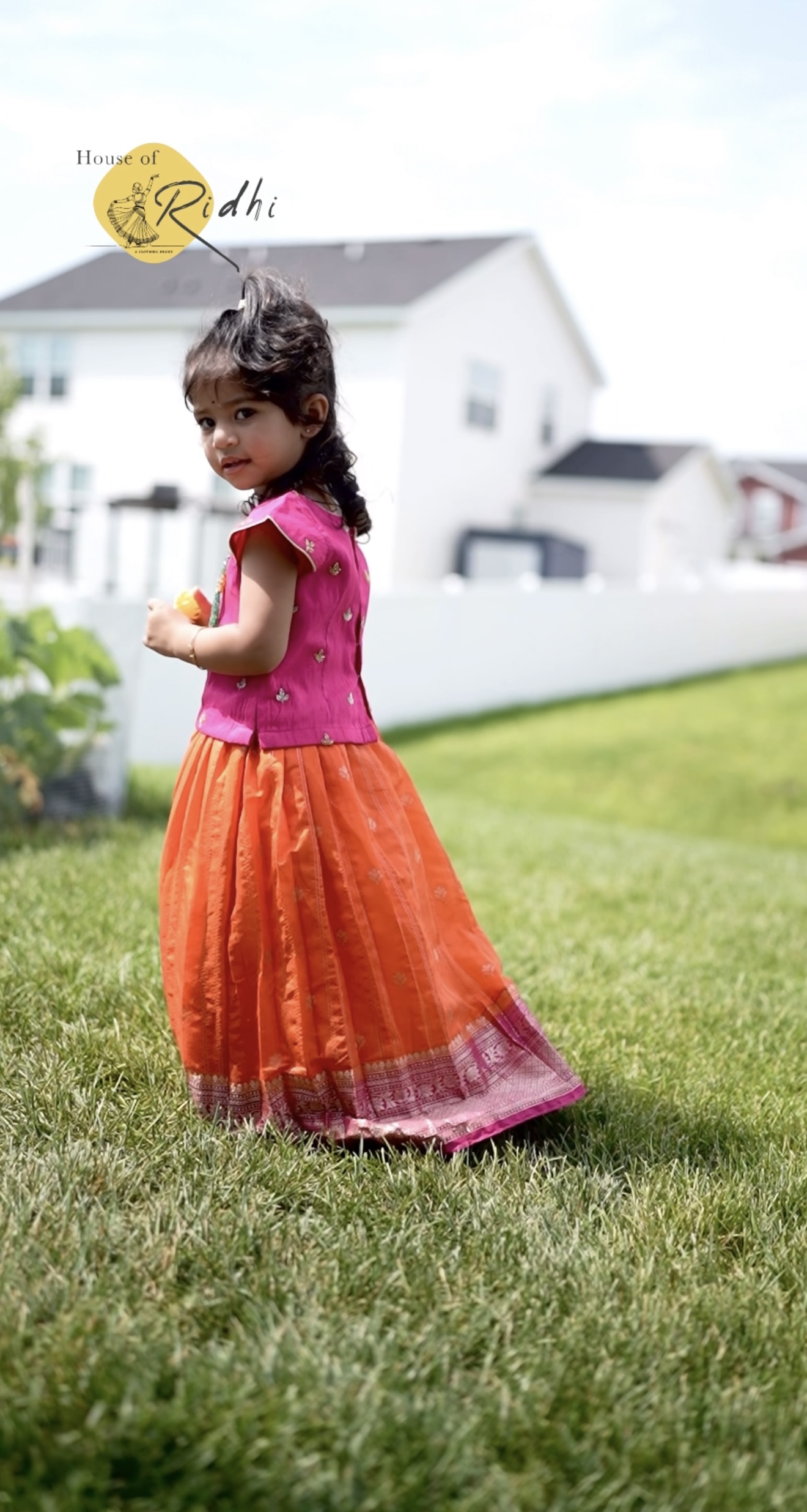 Rani Pink Raw Silk Top with Orange Semi-Kanchi Pavada 